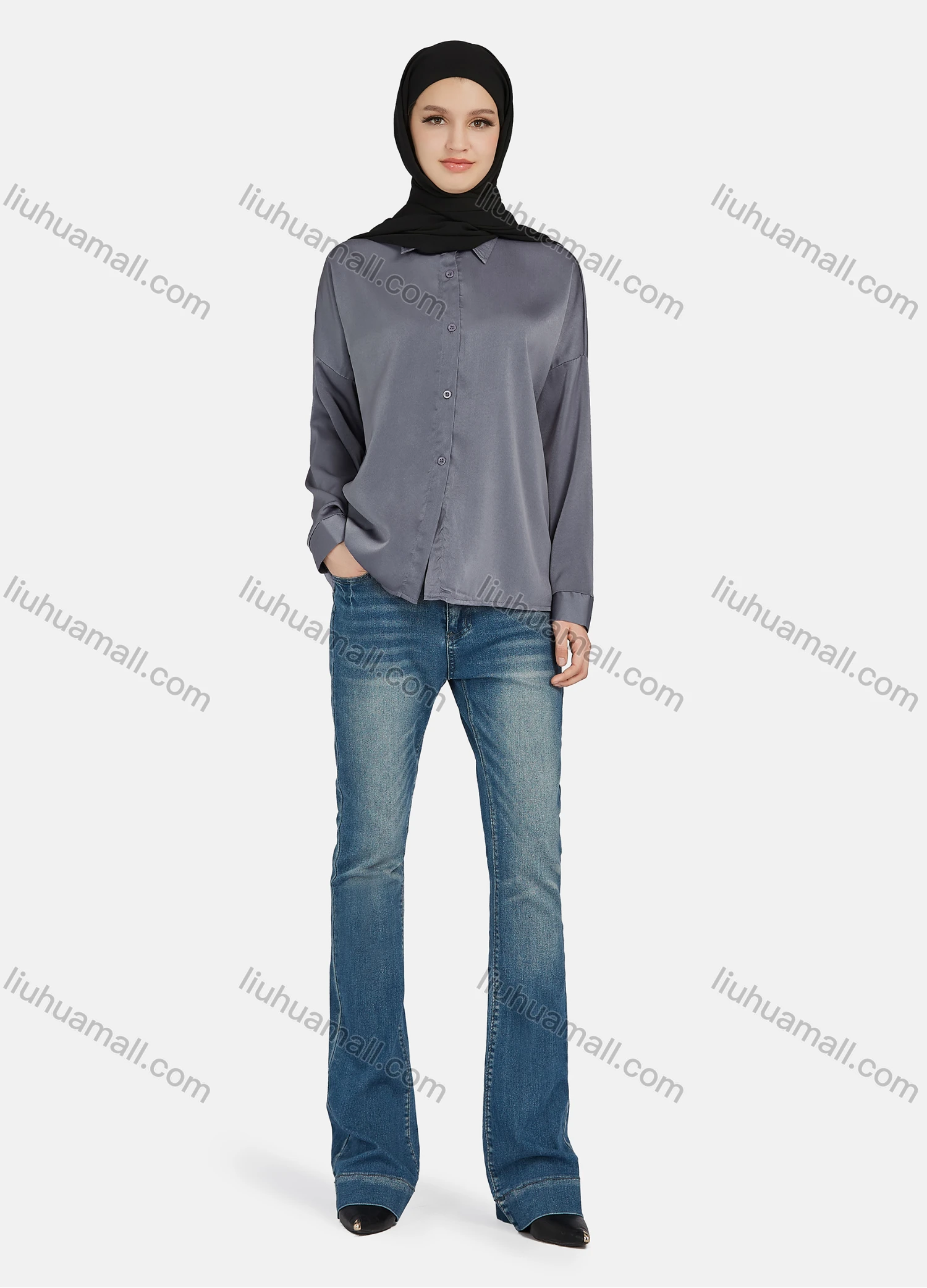 Wholesale Women's Casual Plain Collared Long Sleeve Shirt 1169# - Liuhuamall