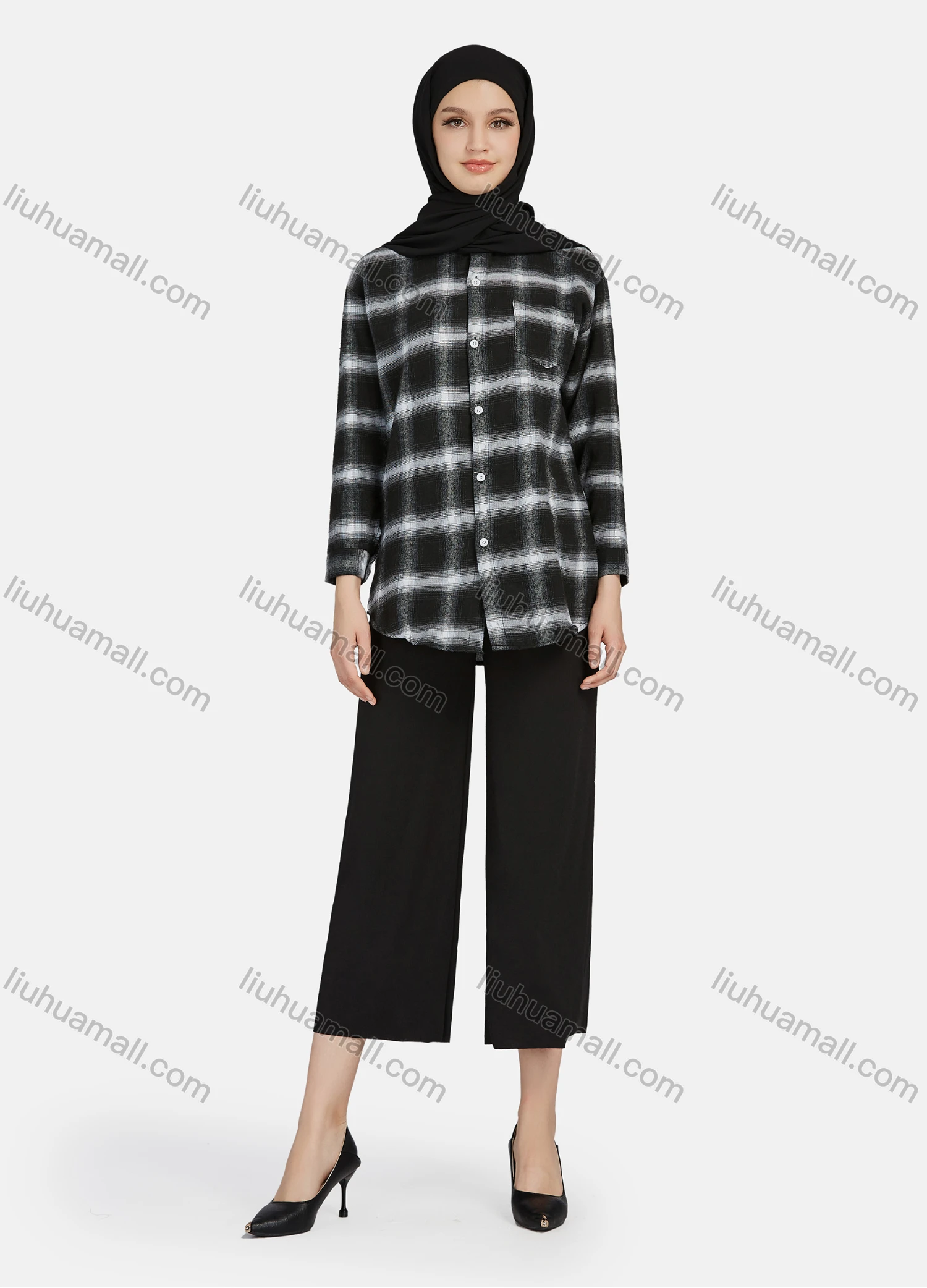 Wholesale Women's Casual Plaid Print Long Sleeve Patch Pocket Shirt 1261# - Liuhuamall