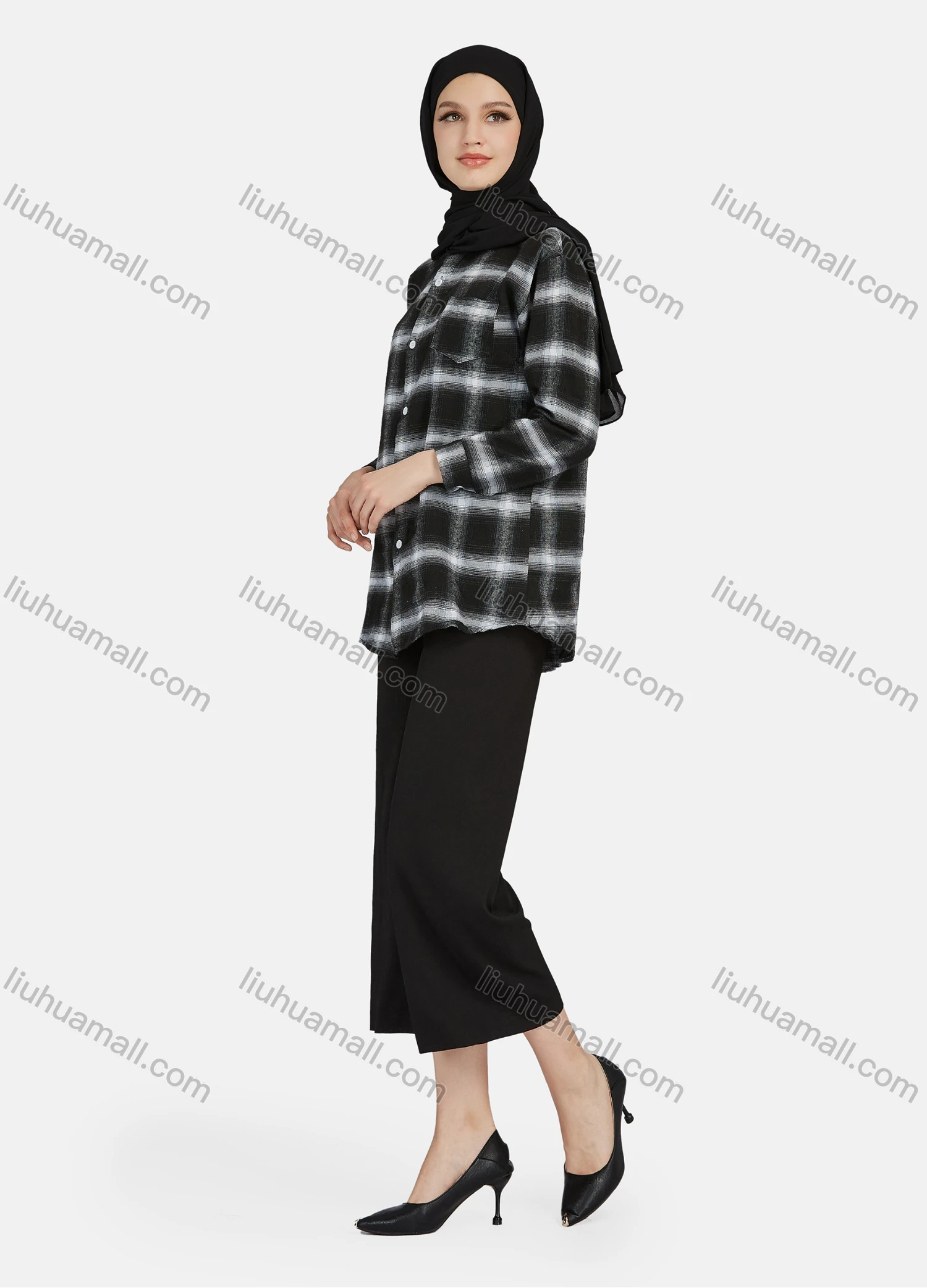 Wholesale Women's Casual Plaid Print Long Sleeve Patch Pocket Shirt 1261# - Liuhuamall