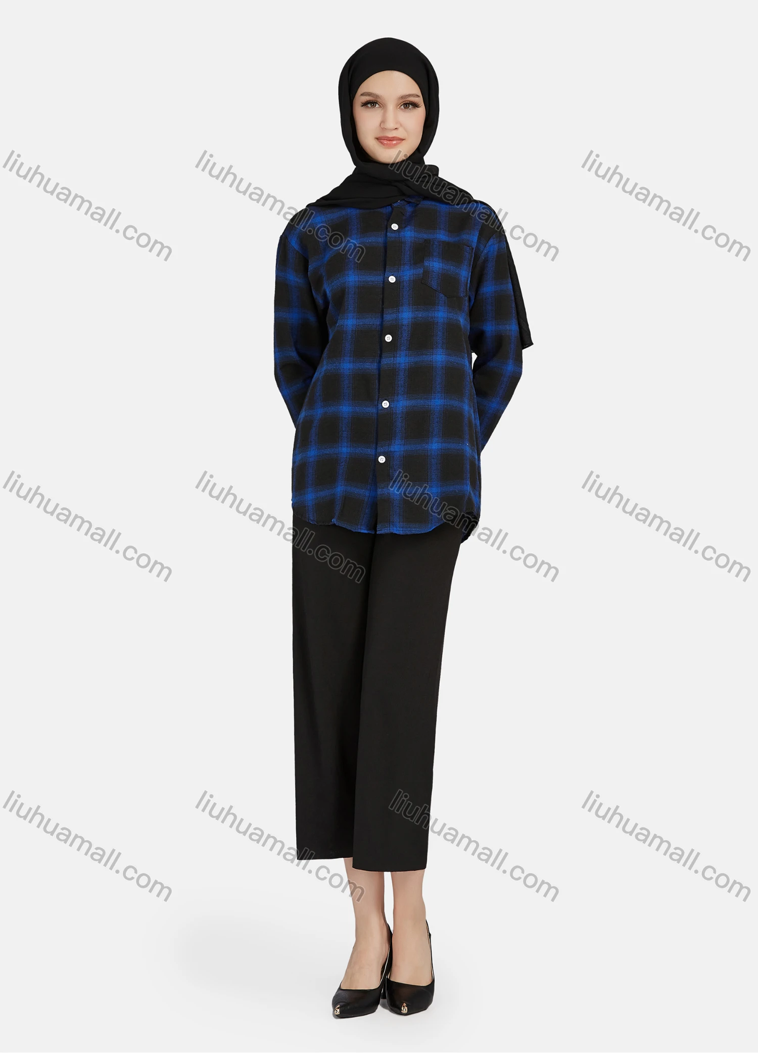 Wholesale Women's Casual Plaid Print Long Sleeve Patch Pocket Shirt 1261# - Liuhuamall