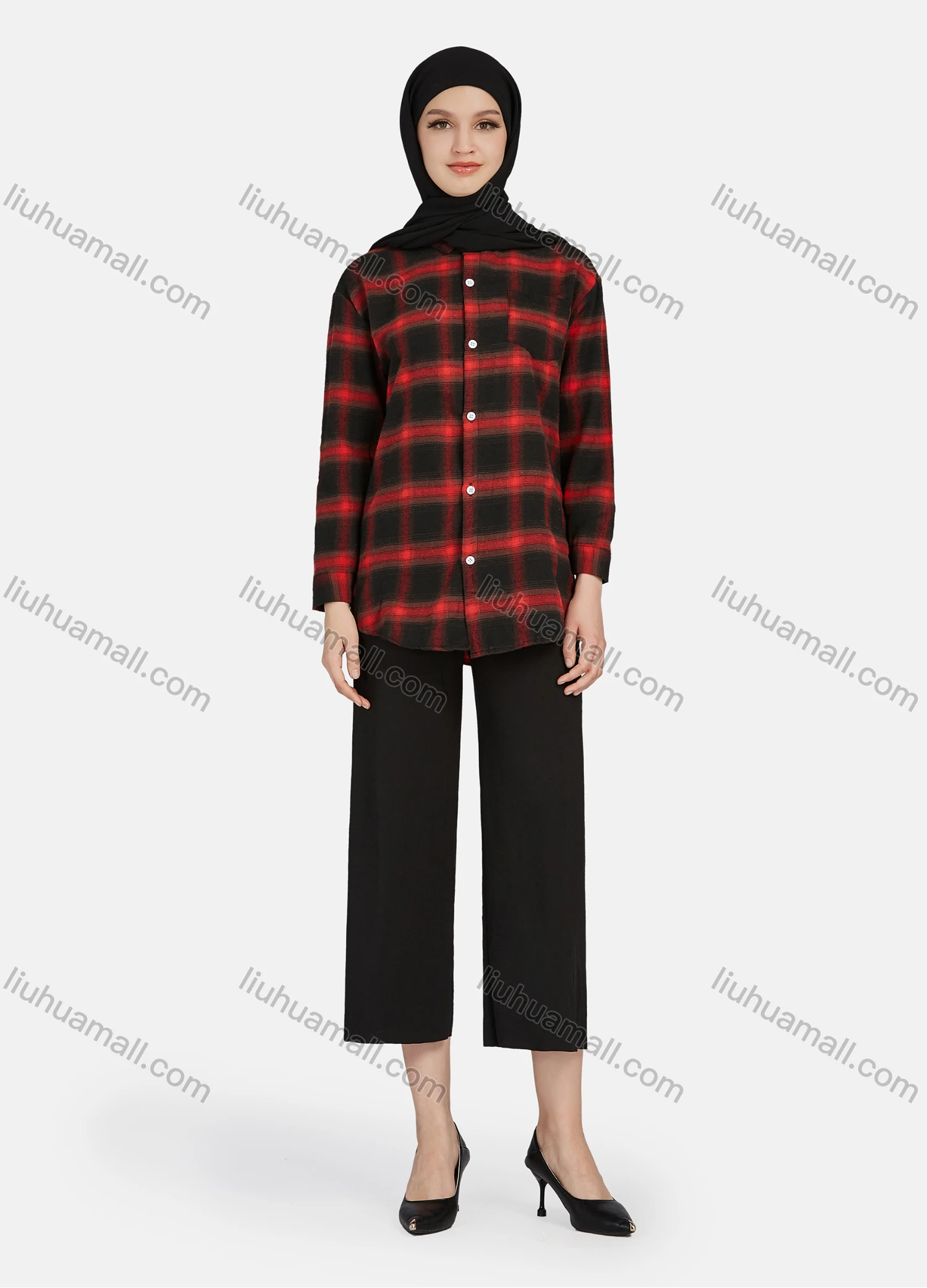 Wholesale Women's Casual Plaid Print Long Sleeve Patch Pocket Shirt 1261# - Liuhuamall