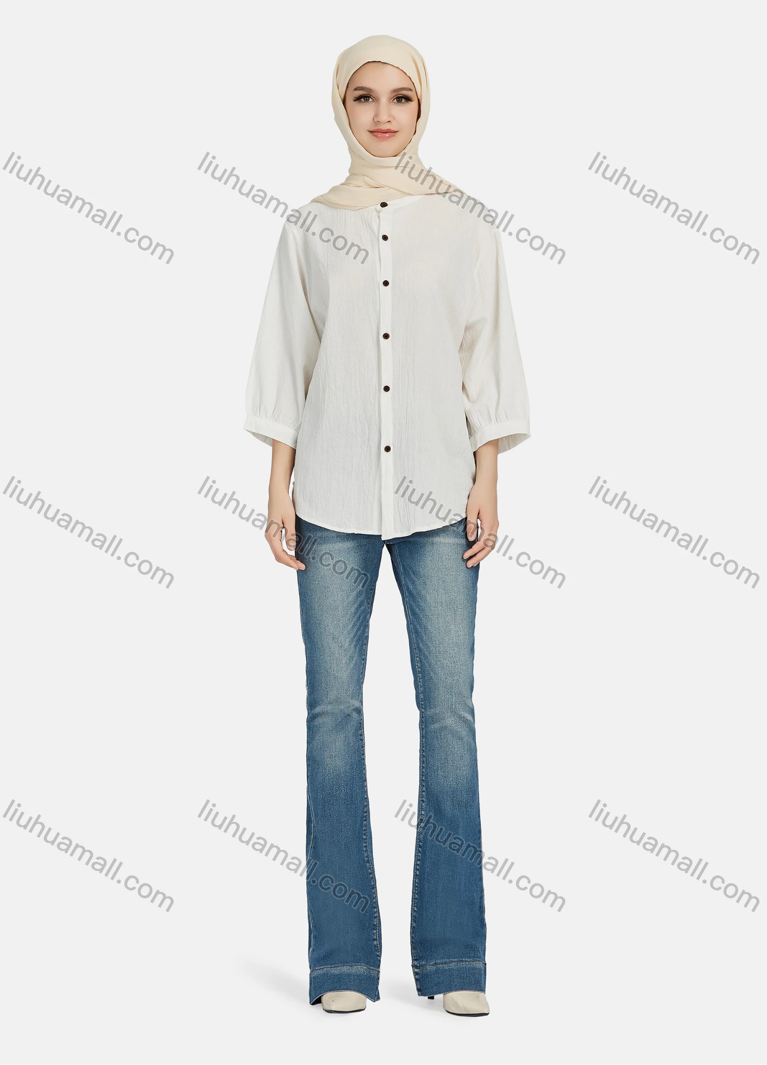 Wholesale Women's Casual Plain Button Down 3/4 Sleeve Shirt 1242# - Liuhuamall