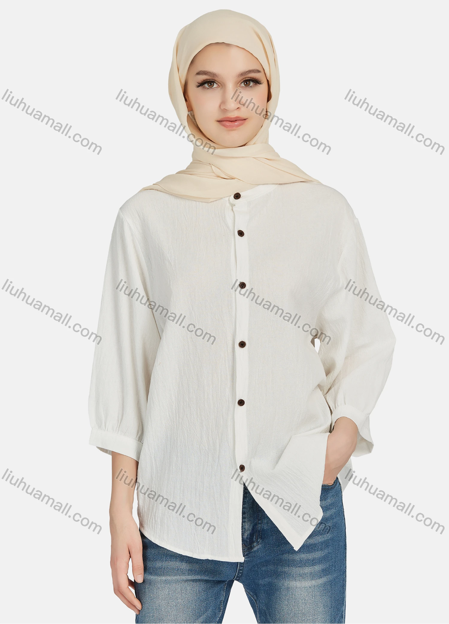 Wholesale Women's Casual Plain Button Down 3/4 Sleeve Shirt 1242# - Liuhuamall