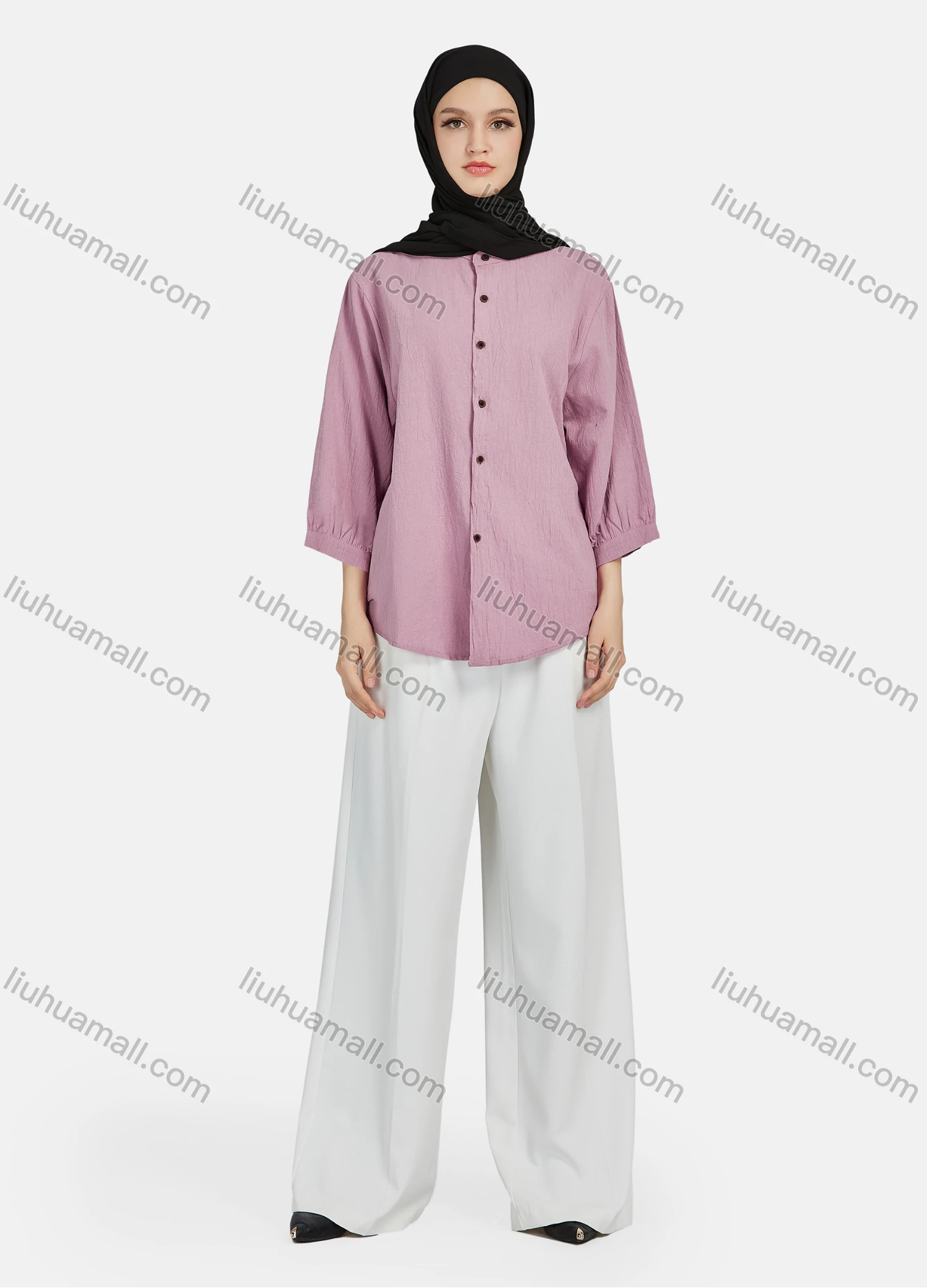 Wholesale Women's Casual Plain Button Down 3/4 Sleeve Shirt 1242# - Liuhuamall