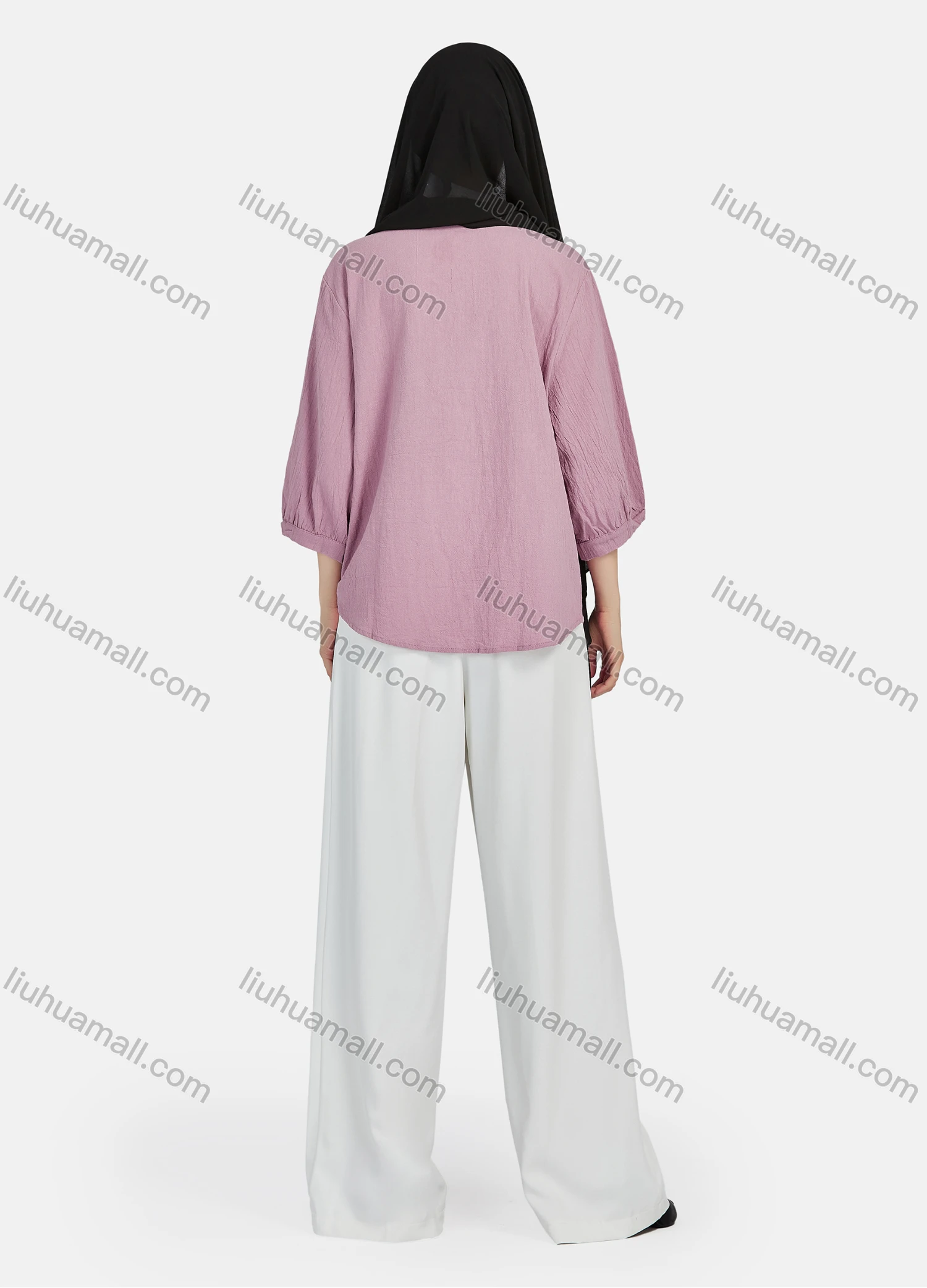 Wholesale Women's Casual Plain Button Down 3/4 Sleeve Shirt 1242# - Liuhuamall