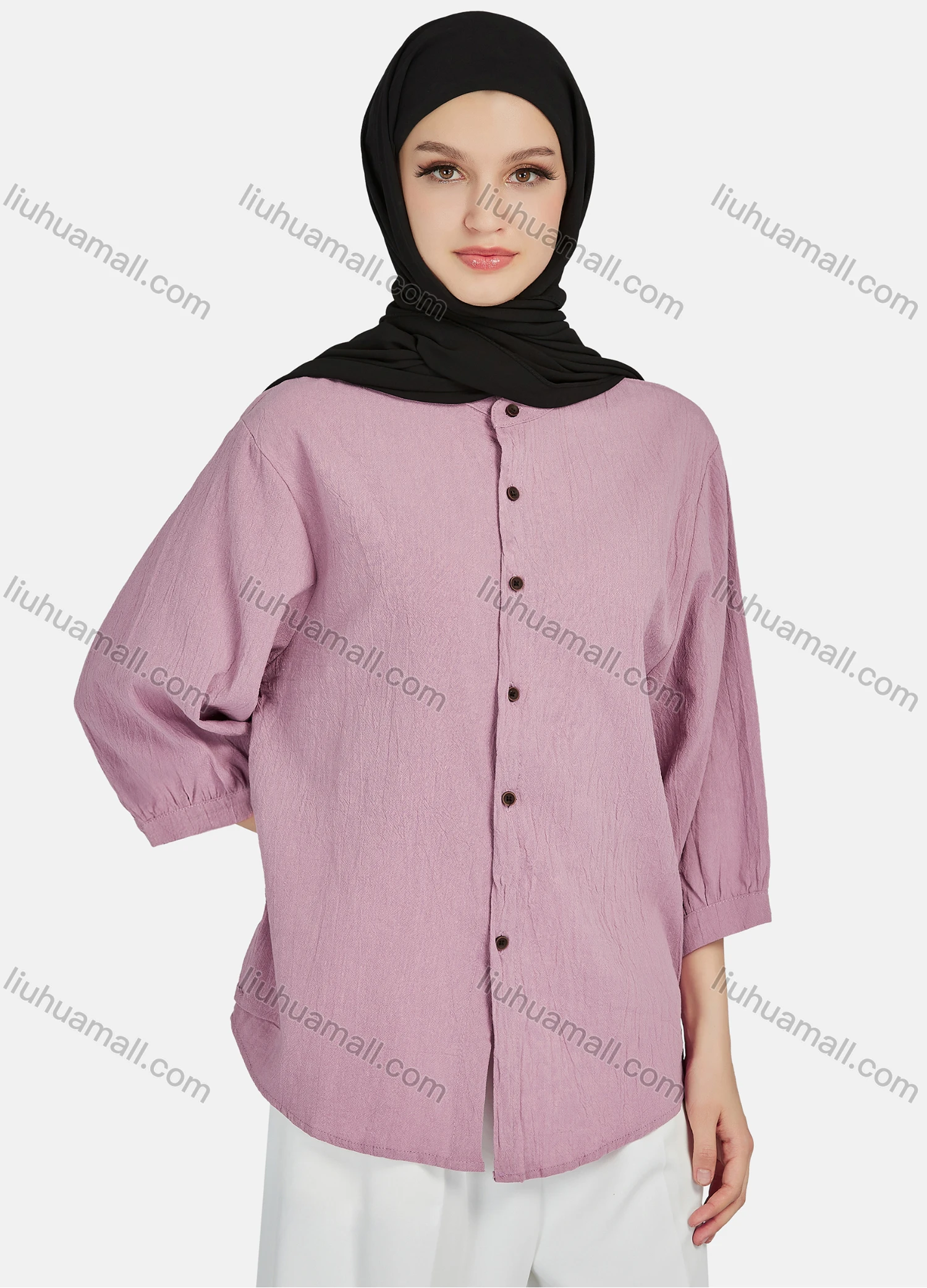 Wholesale Women's Casual Plain Button Down 3/4 Sleeve Shirt 1242# - Liuhuamall