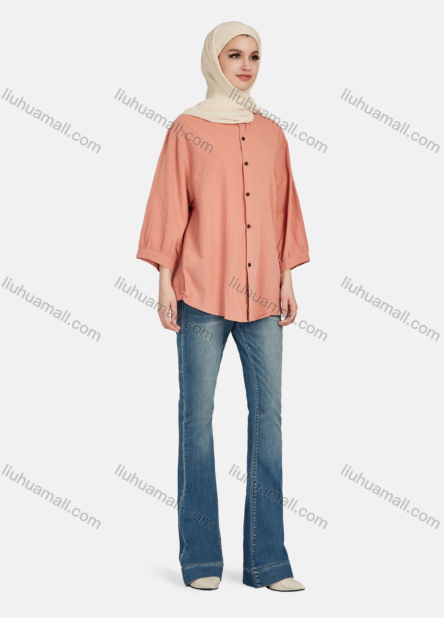Wholesale Women's Casual Plain Button Down 3/4 Sleeve Shirt 1242# - Liuhuamall