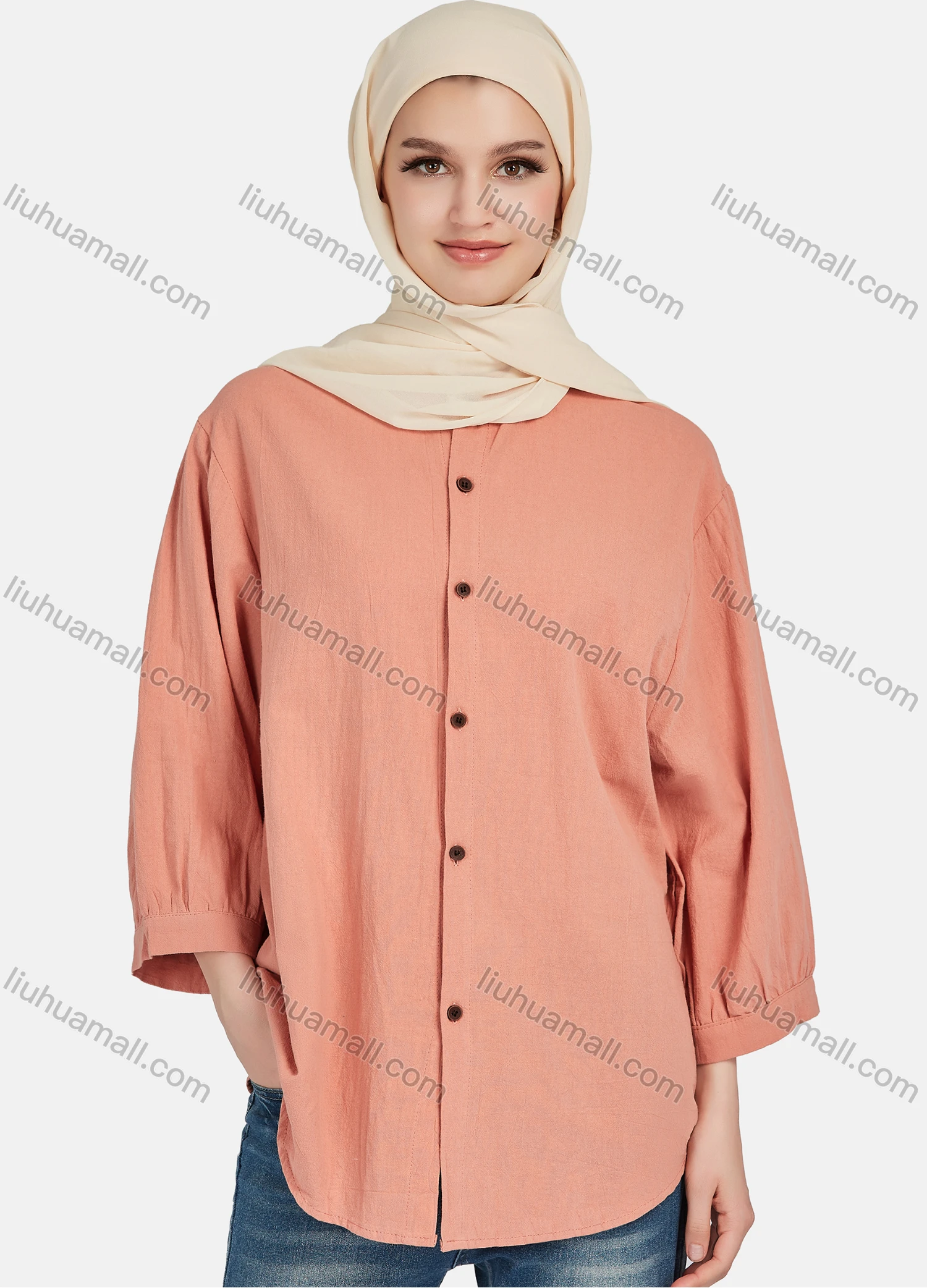 Wholesale Women's Casual Plain Button Down 3/4 Sleeve Shirt 1242# - Liuhuamall