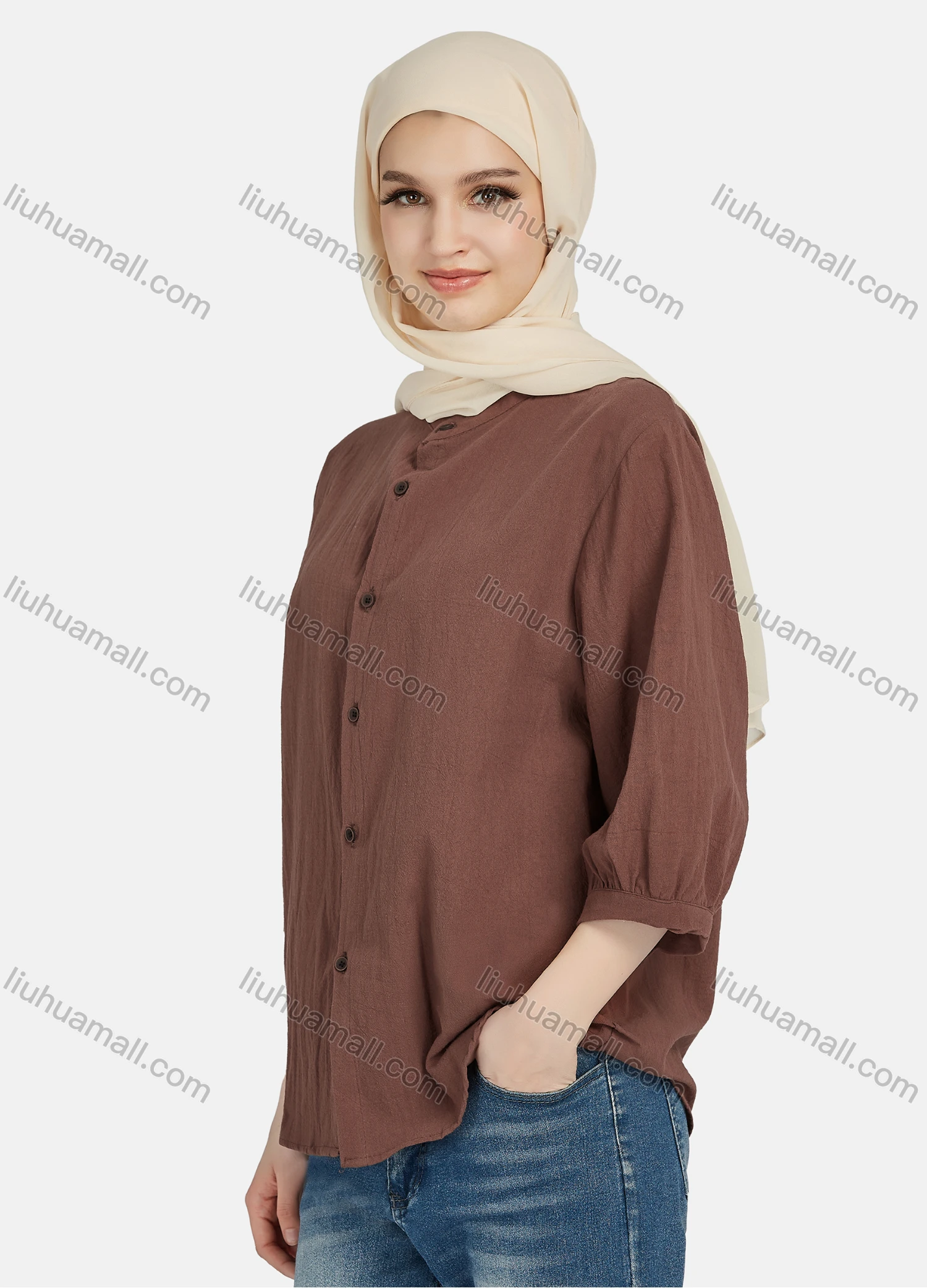 Wholesale Women's Casual Plain Button Down 3/4 Sleeve Shirt 1242# - Liuhuamall