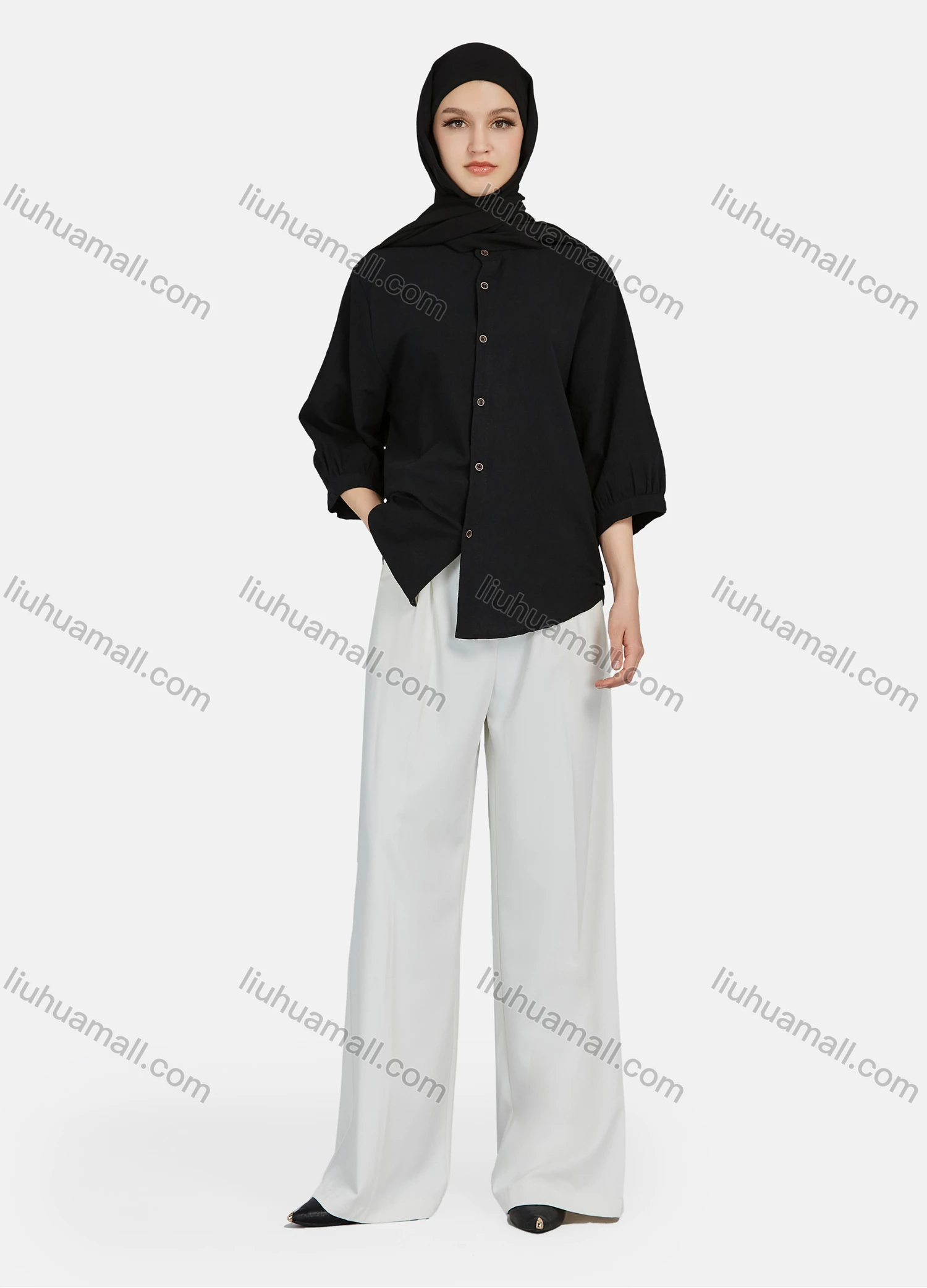 Wholesale Women's Casual Plain Button Down 3/4 Sleeve Shirt 1242# - Liuhuamall