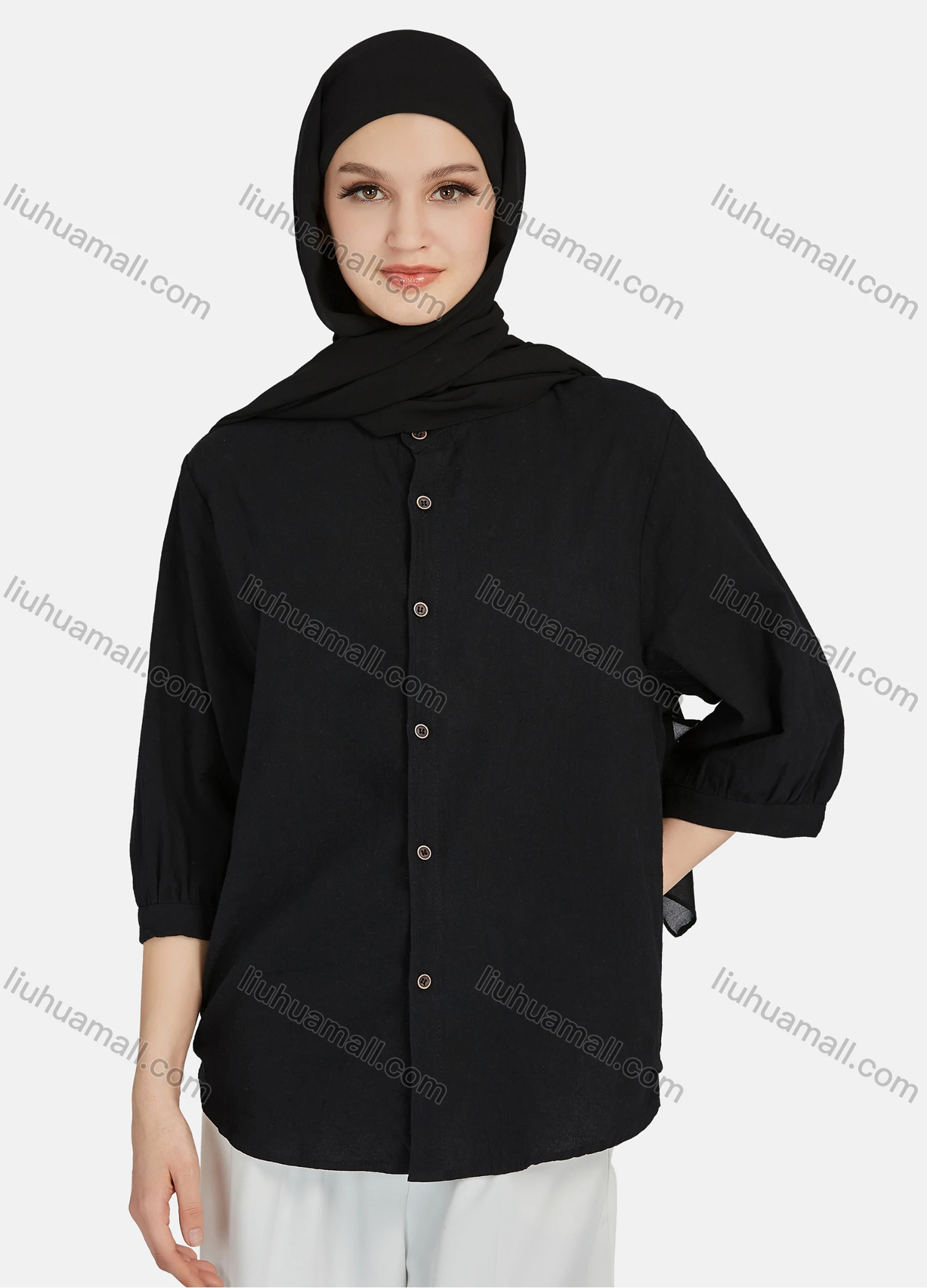 Wholesale Women's Casual Plain Button Down 3/4 Sleeve Shirt 1242# - Liuhuamall