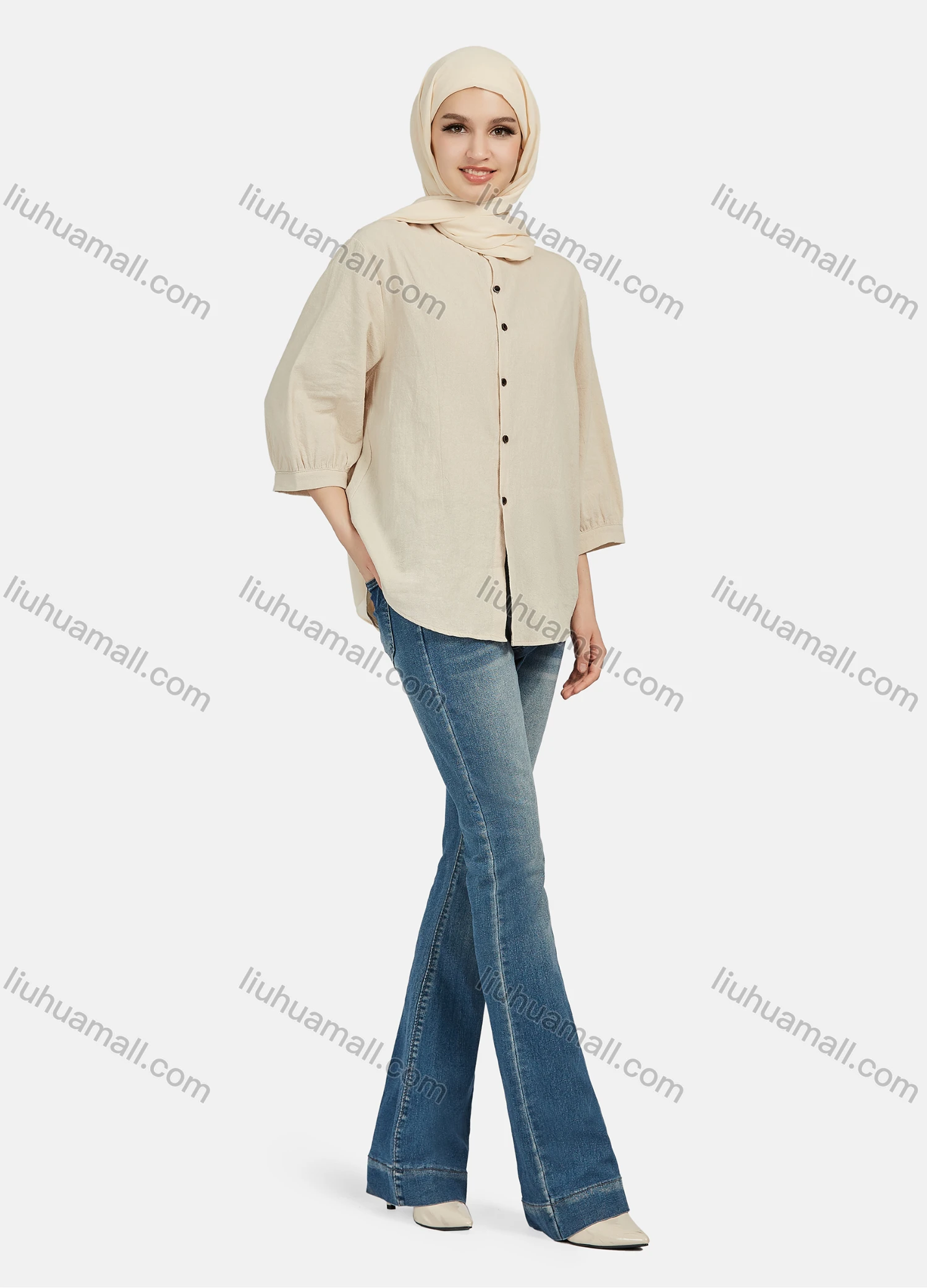 Wholesale Women's Casual Plain Button Down 3/4 Sleeve Shirt 1242# - Liuhuamall