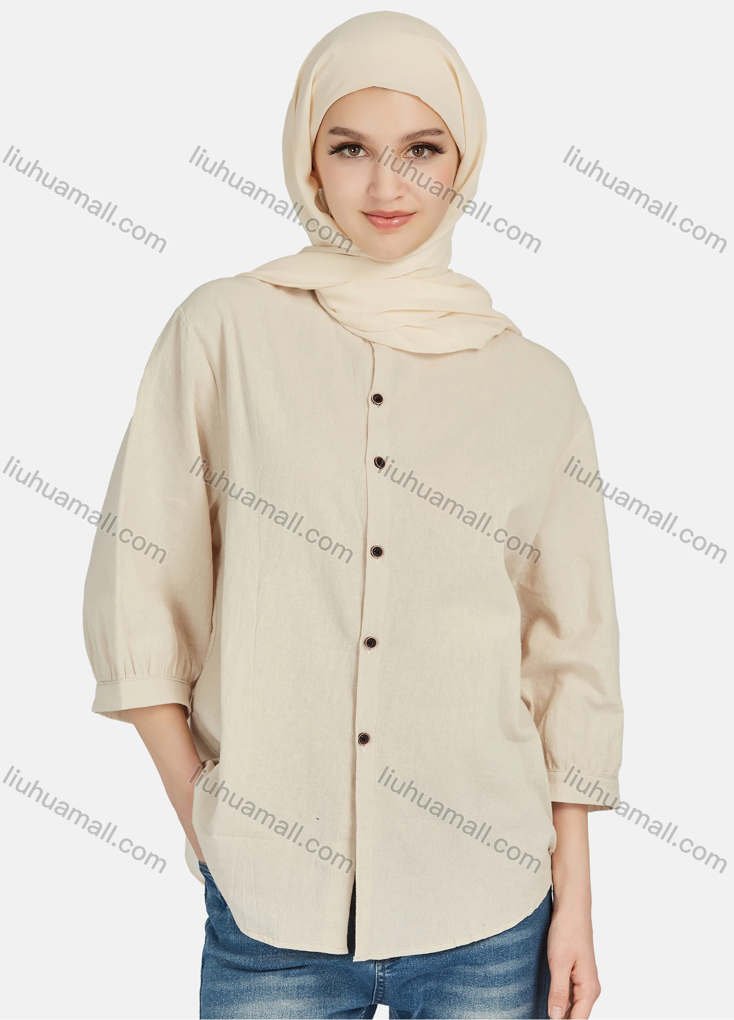 Wholesale Women's Casual Plain Button Down 3/4 Sleeve Shirt 1242# - Liuhuamall