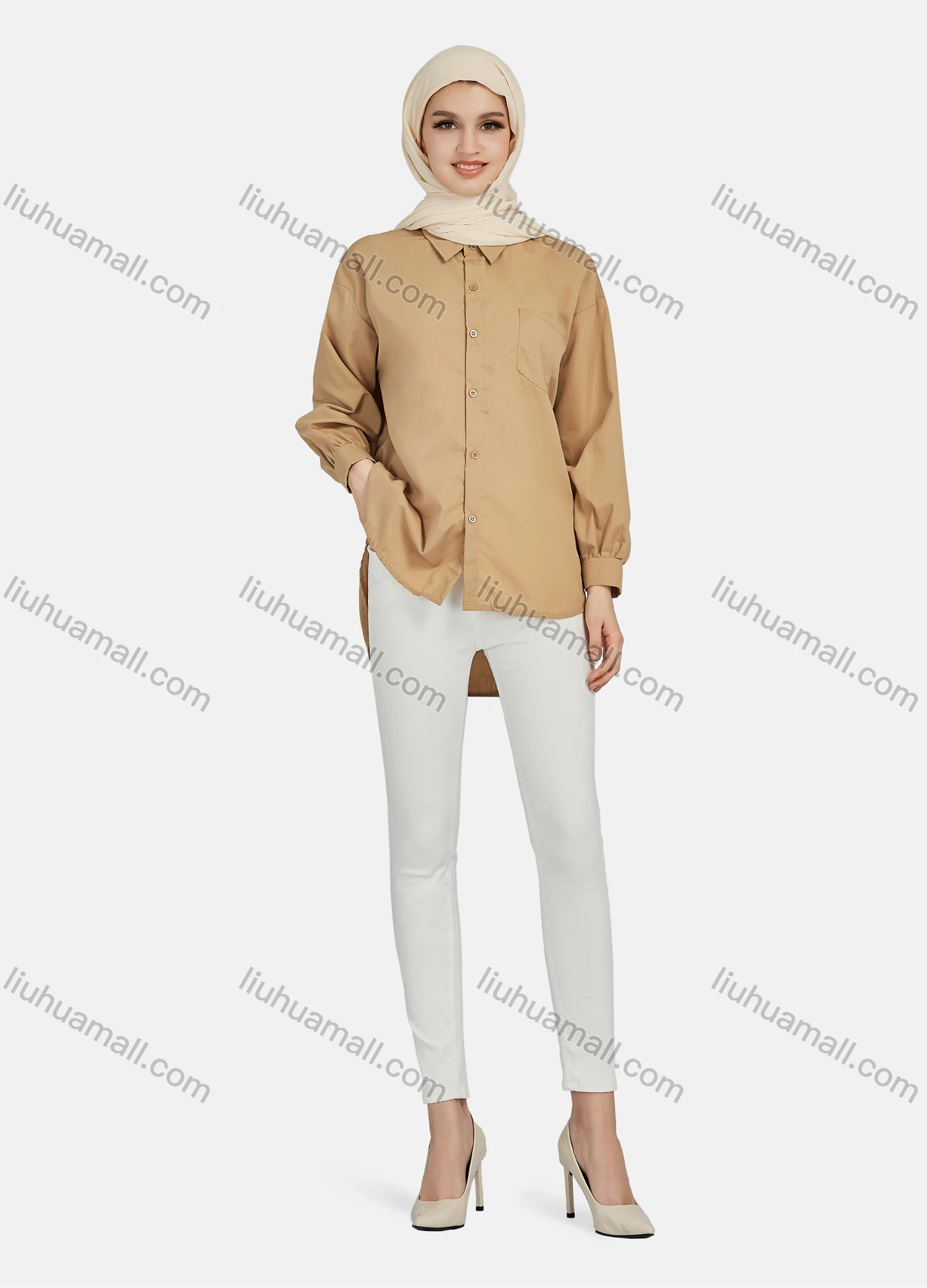 Wholesale Women's Casual Plain Long Sleeve Patch Pocket Shirt 1304# - Liuhuamall