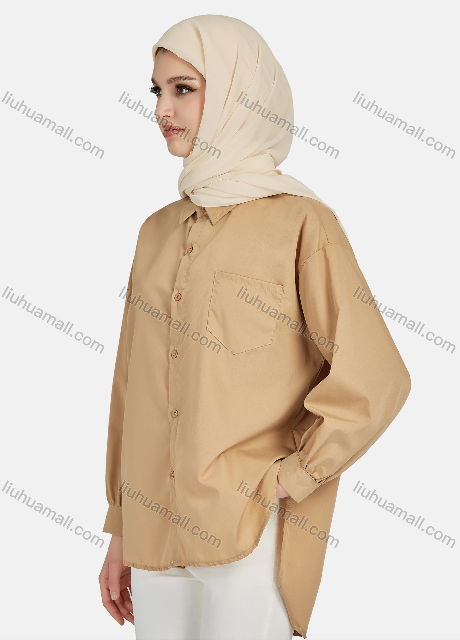 Wholesale Women's Casual Plain Long Sleeve Patch Pocket Shirt 1304# - Liuhuamall