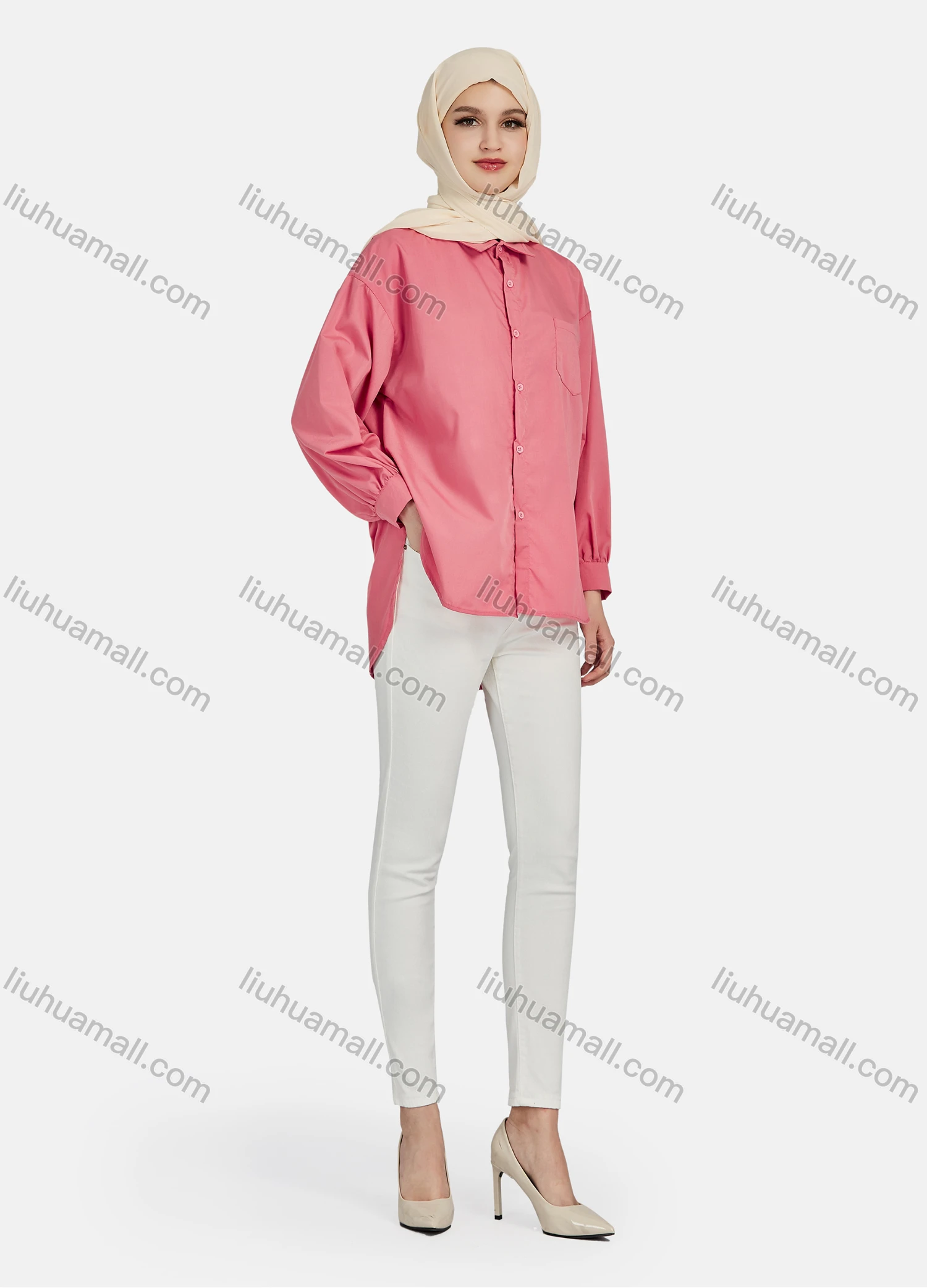 Wholesale Women's Casual Plain Long Sleeve Patch Pocket Shirt 1304# - Liuhuamall