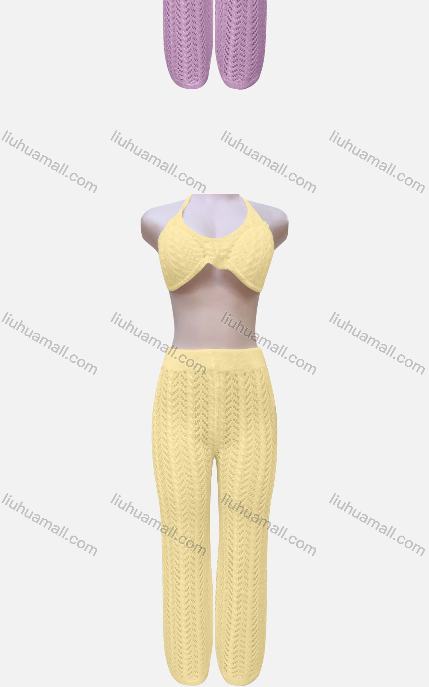 Wholesale Women's Sexy Plain Halter Cover Up Crop Top 2-Piece Set J16# - Liuhuamall