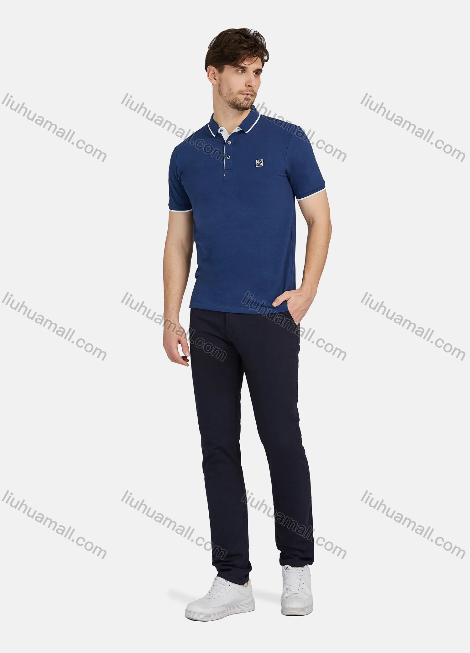 Wholesale Men's Casual Plain 100% Cotton Short Sleeve Labelled Polo Shirt 2215# - Liuhuamall