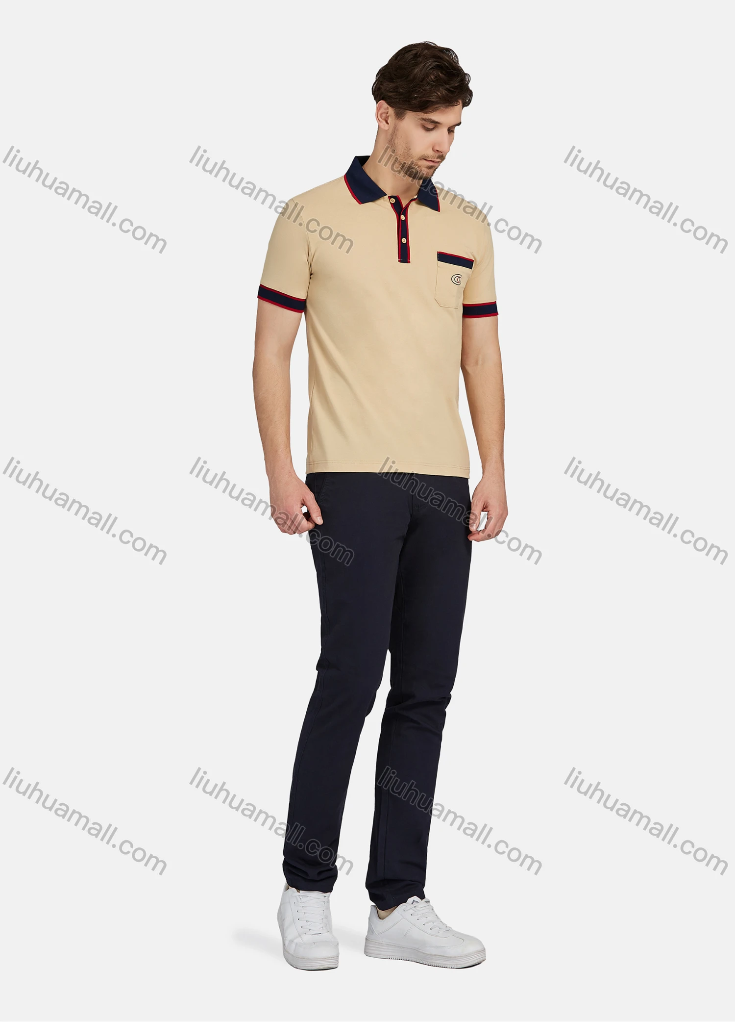 Wholesale Men's Casual Plain 100% Cotton Short Sleeve Labelled Patch Polo Shirt 1# - Liuhuamall