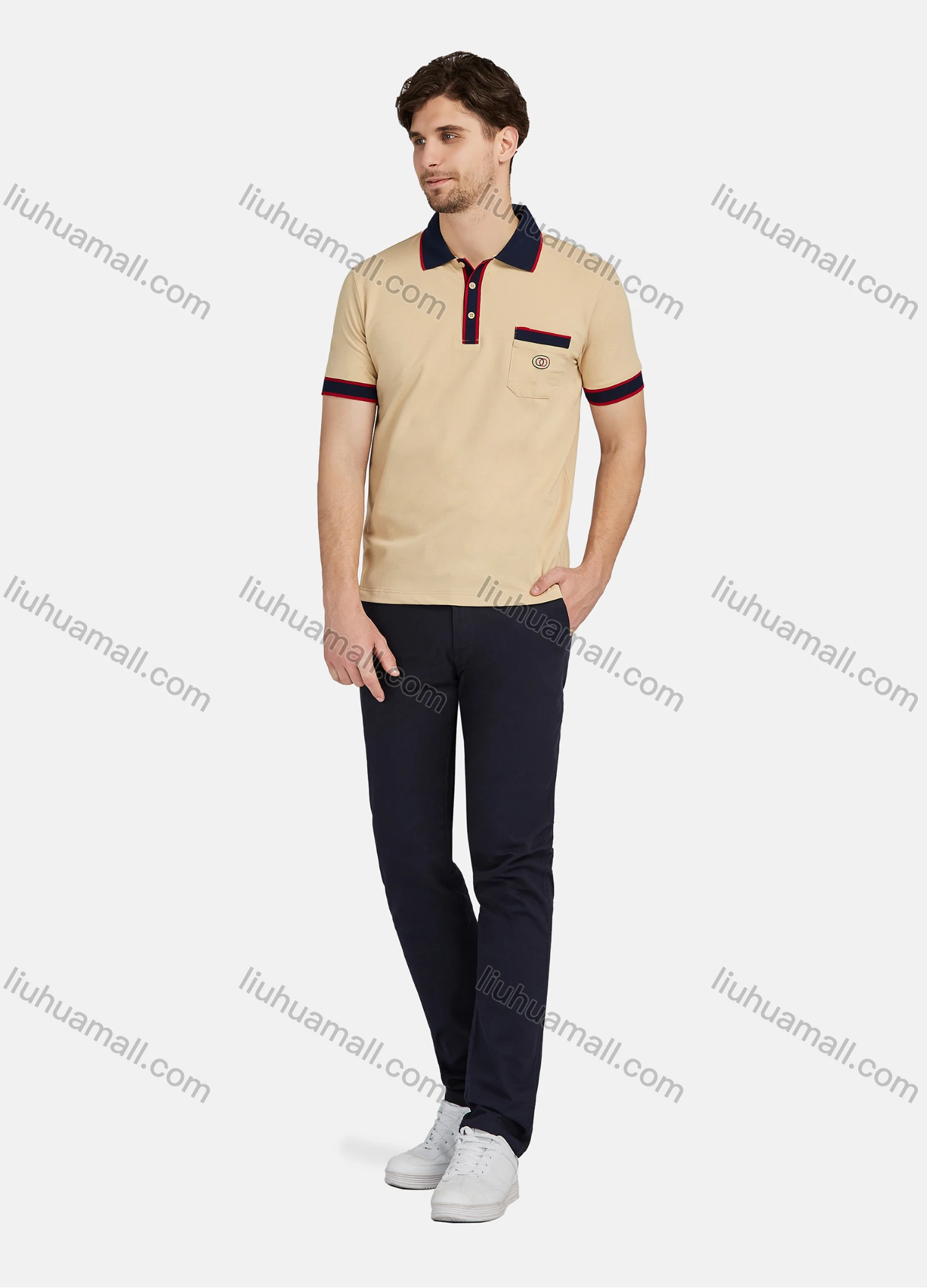 Wholesale Men's Casual Plain 100% Cotton Short Sleeve Labelled Patch Polo Shirt 1# - Liuhuamall