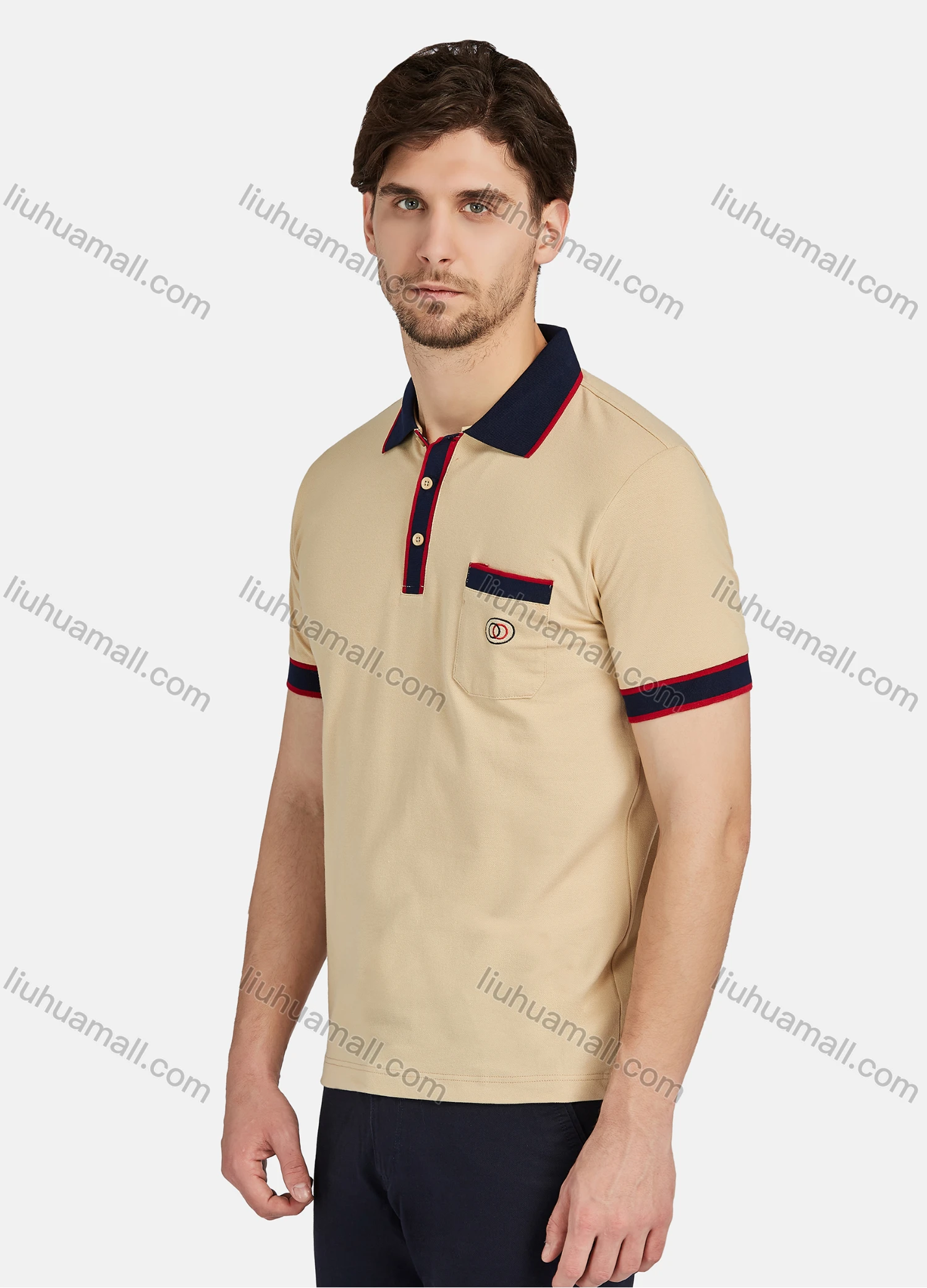 Wholesale Men's Casual Plain 100% Cotton Short Sleeve Labelled Patch Polo Shirt 1# - Liuhuamall