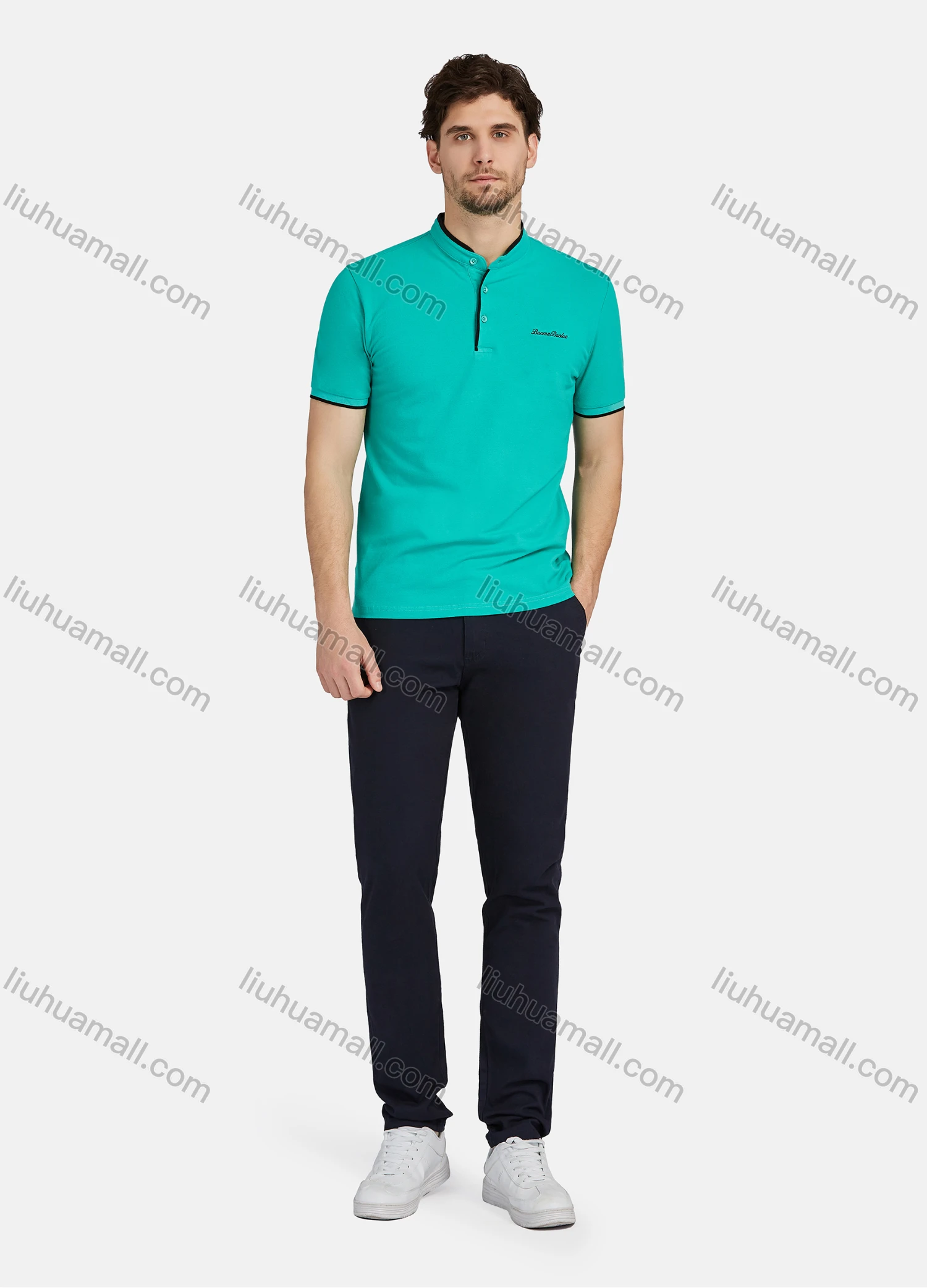 Wholesale Men's Casual Plain Stand Collar 100% Cotton Short Sleeve Labelled Polo Shirt 2208# - Liuhuamall