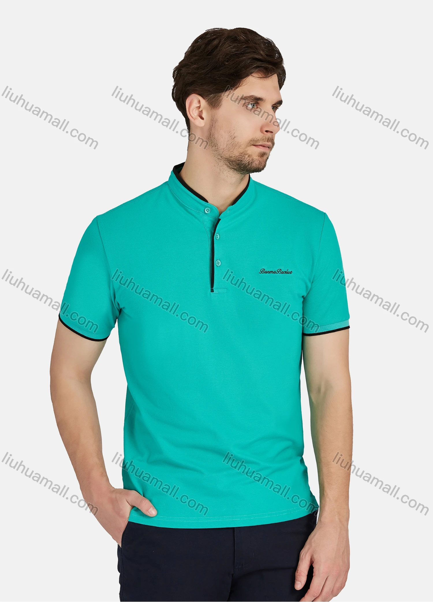 Wholesale Men's Casual Plain Stand Collar 100% Cotton Short Sleeve Labelled Polo Shirt 2208# - Liuhuamall