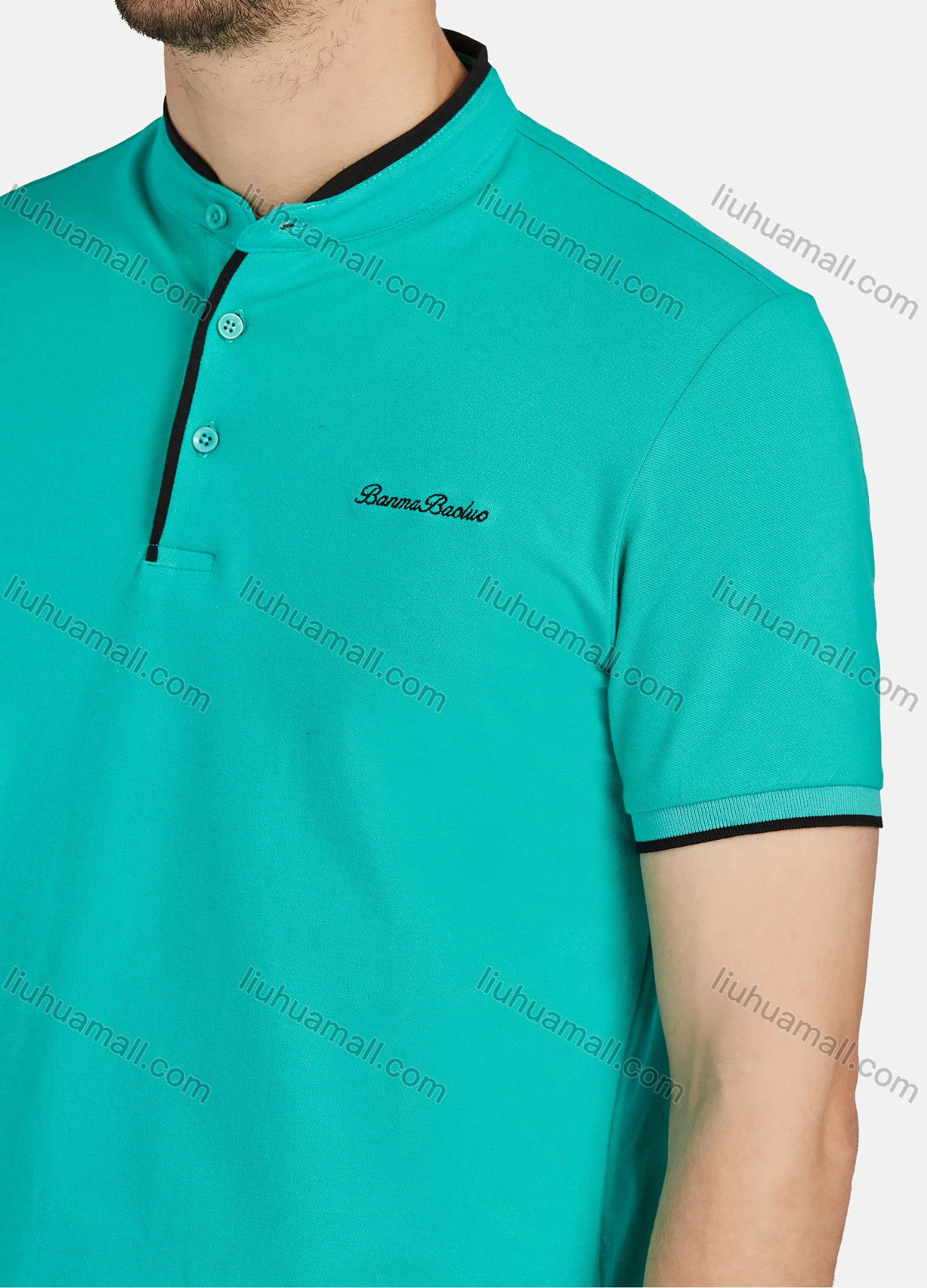 Wholesale Men's Casual Plain Stand Collar 100% Cotton Short Sleeve Labelled Polo Shirt 2208# - Liuhuamall