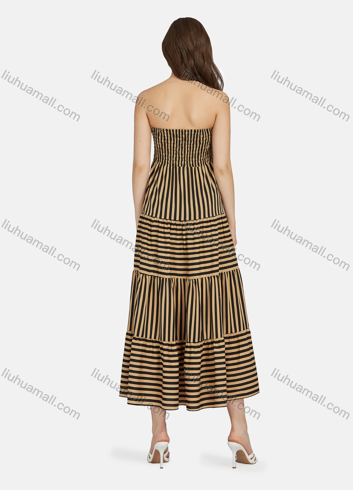 Wholesale Women's Casual Striped Strapless Shirred Ruffle Hem Maxi Dress N68012# - Liuhuamall