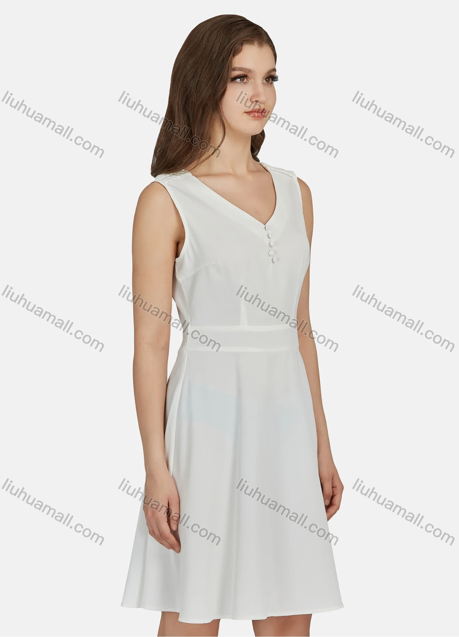 Wholesale Women's Casual Plain V Neck Button Front Short Tank Dress N68015# - Liuhuamall