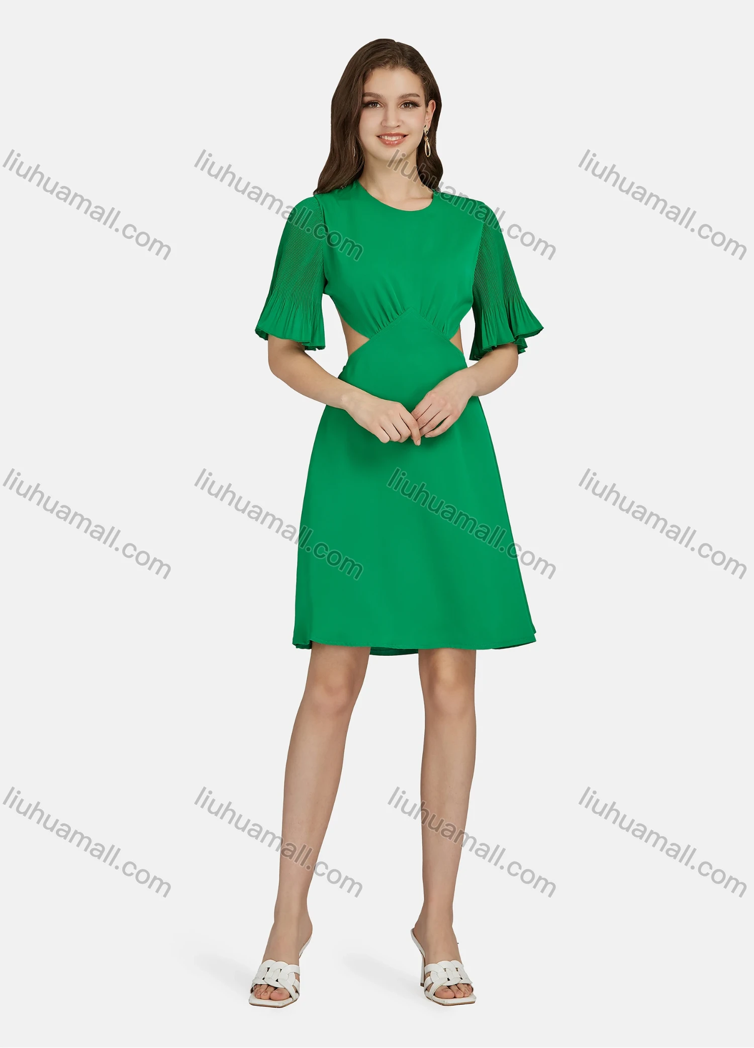 Wholesale Women's Plain Round Neck Lace Up Ruffle Half Sleeve Cut Out Backless Short Cocktail Dress N81027# - Liuhuamall