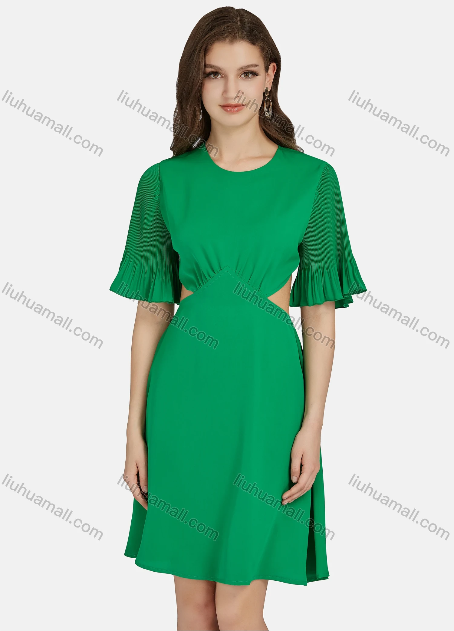 Wholesale Women's Plain Round Neck Lace Up Ruffle Half Sleeve Cut Out Backless Short Cocktail Dress N81027# - Liuhuamall