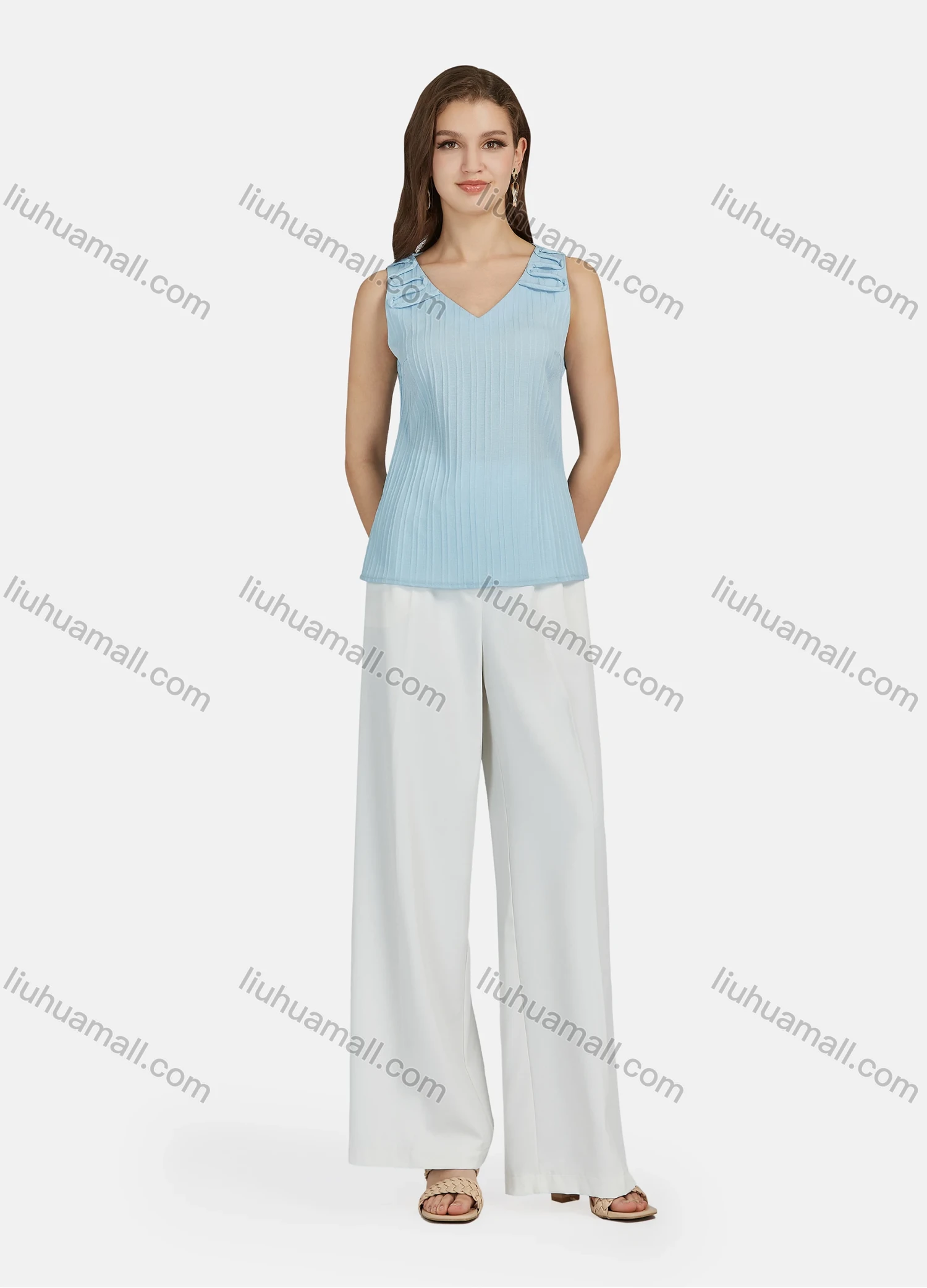 Wholesale Women's Casual Plain Striped V Neck Tank Top N68016# - Liuhuamall