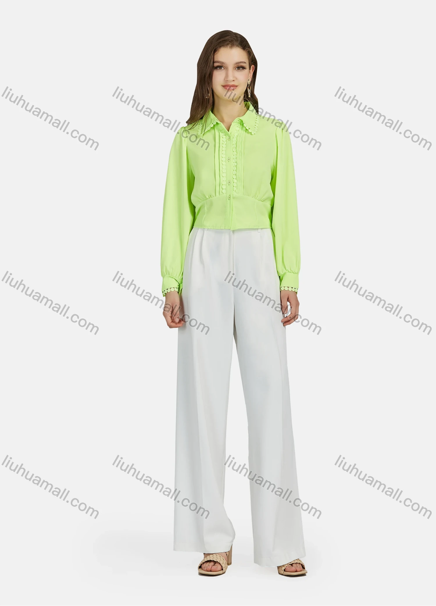 Wholesale Women's Casual Plain Circle Trim Long Sleeve Crop Shirt N67970# - Liuhuamall