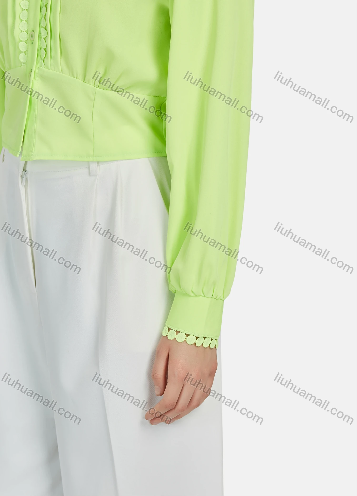 Wholesale Women's Casual Plain Circle Trim Long Sleeve Crop Shirt N67970# - Liuhuamall