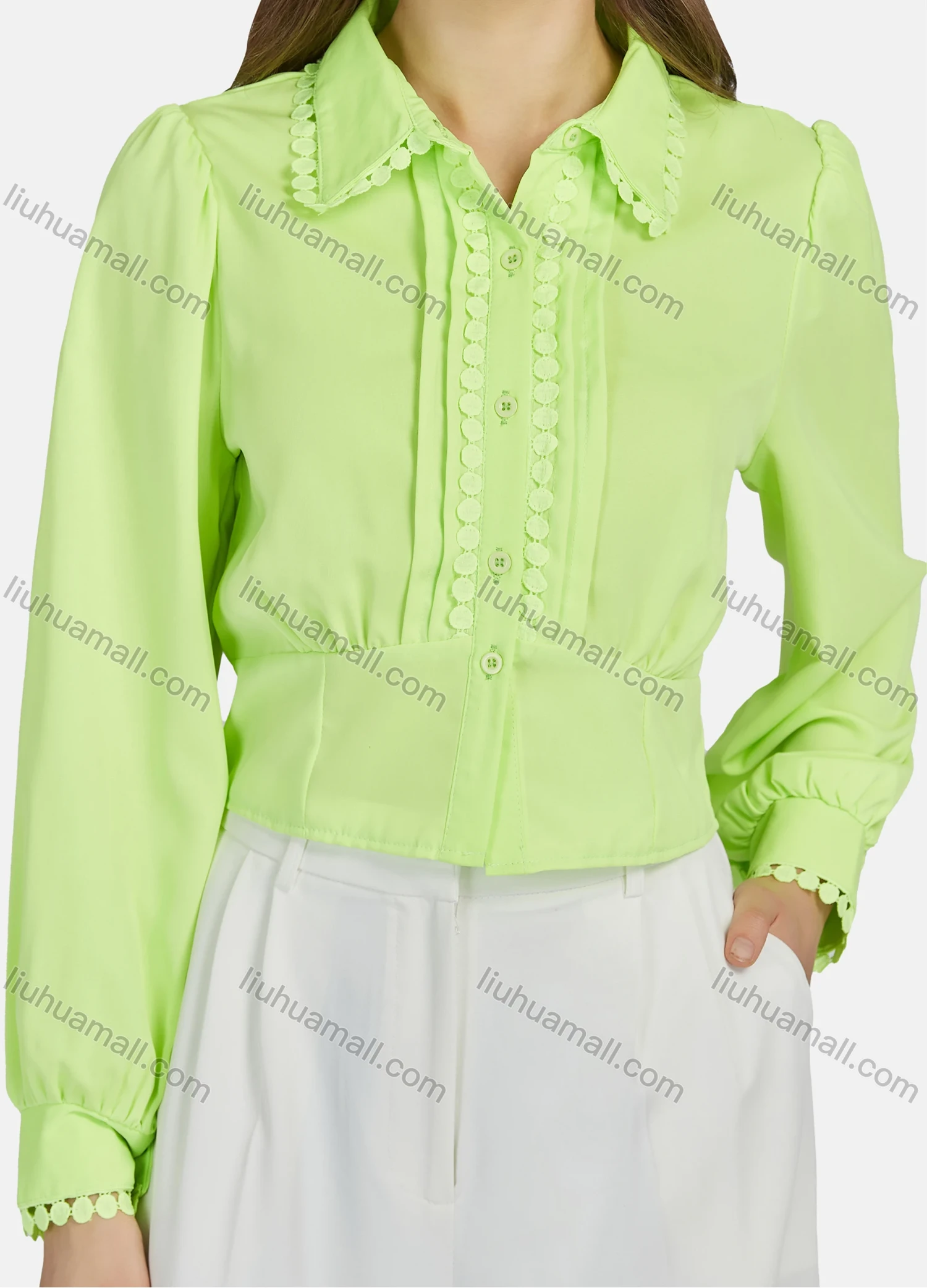 Wholesale Women's Casual Plain Circle Trim Long Sleeve Crop Shirt N67970# - Liuhuamall