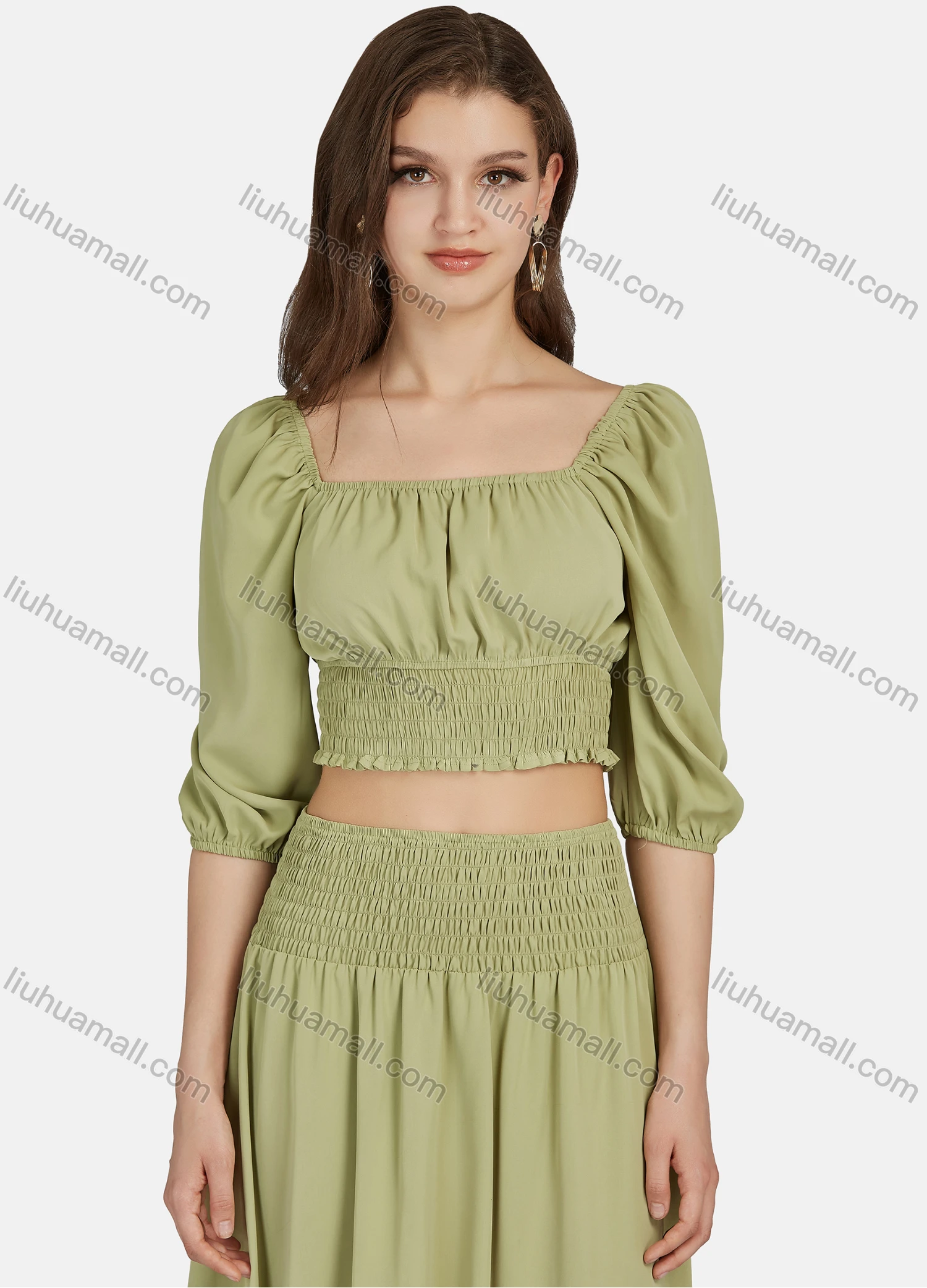 Wholesale Women's Casual Plain Shirred Square Neck Ruched Puff Sleeve & Shirred High Waist Split Hem Midi Dress 2 Piece Set N8500# - Liuhuamall