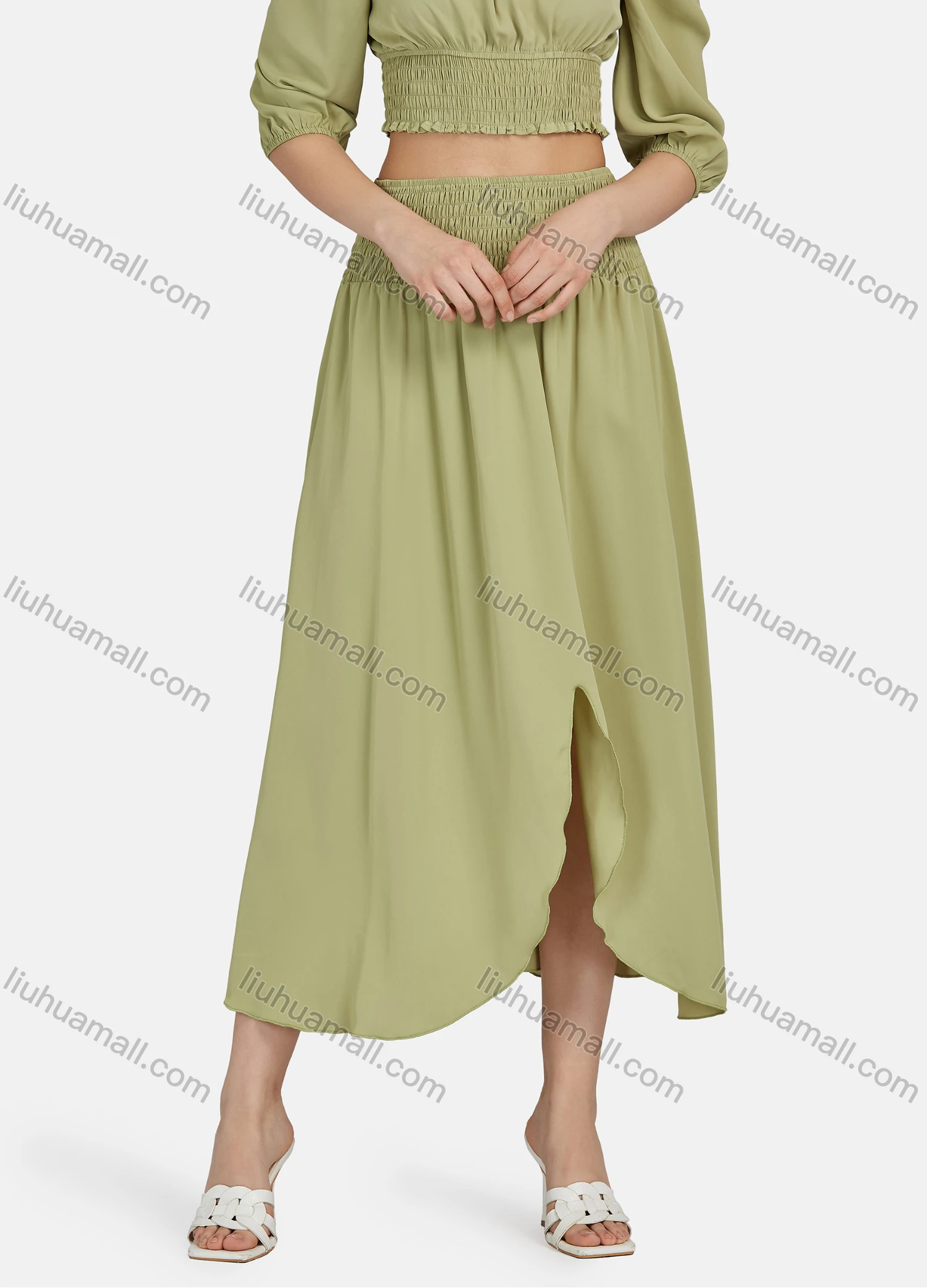 Wholesale Women's Casual Plain Shirred Square Neck Ruched Puff Sleeve & Shirred High Waist Split Hem Midi Dress 2 Piece Set N8500# - Liuhuamall