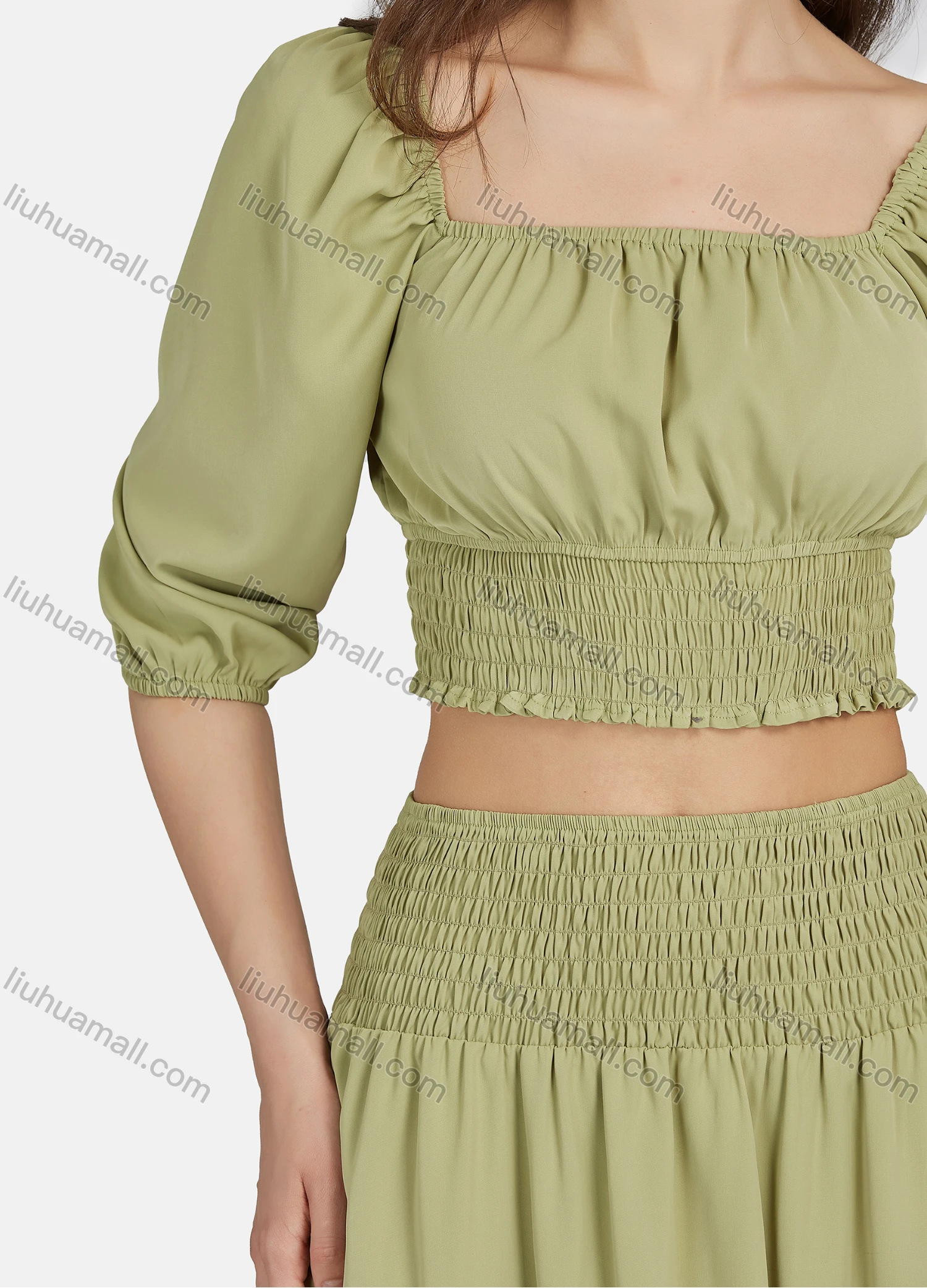 Wholesale Women's Casual Plain Shirred Square Neck Ruched Puff Sleeve & Shirred High Waist Split Hem Midi Dress 2 Piece Set N8500# - Liuhuamall