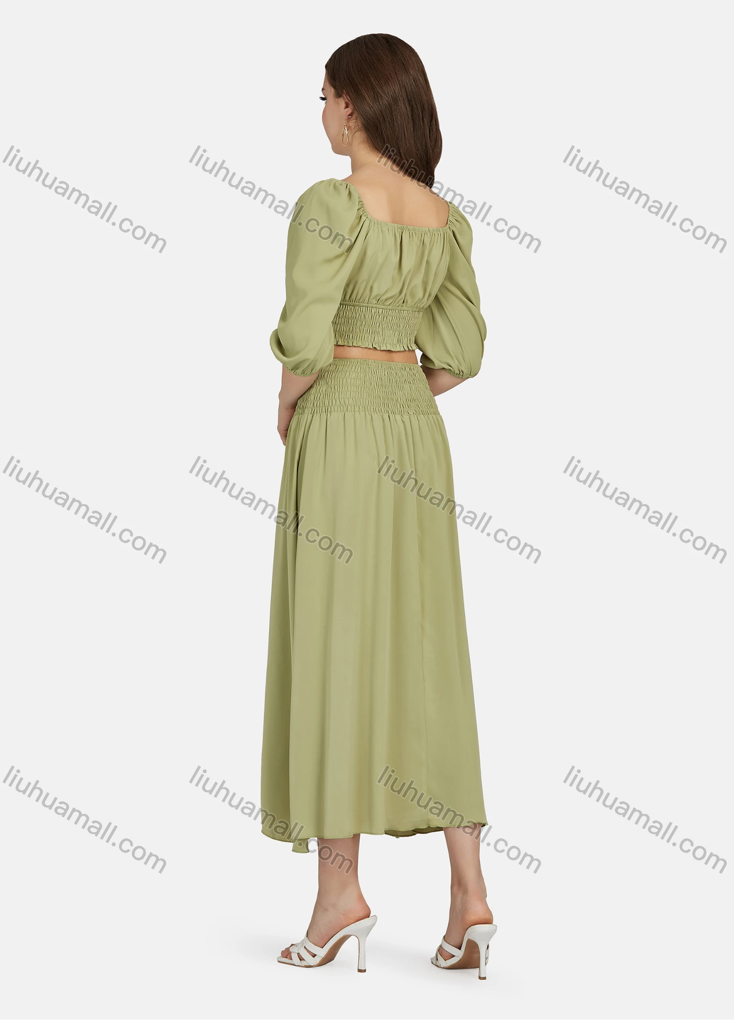 Wholesale Women's Casual Plain Shirred Square Neck Ruched Puff Sleeve & Shirred High Waist Split Hem Midi Dress 2 Piece Set N8500# - Liuhuamall