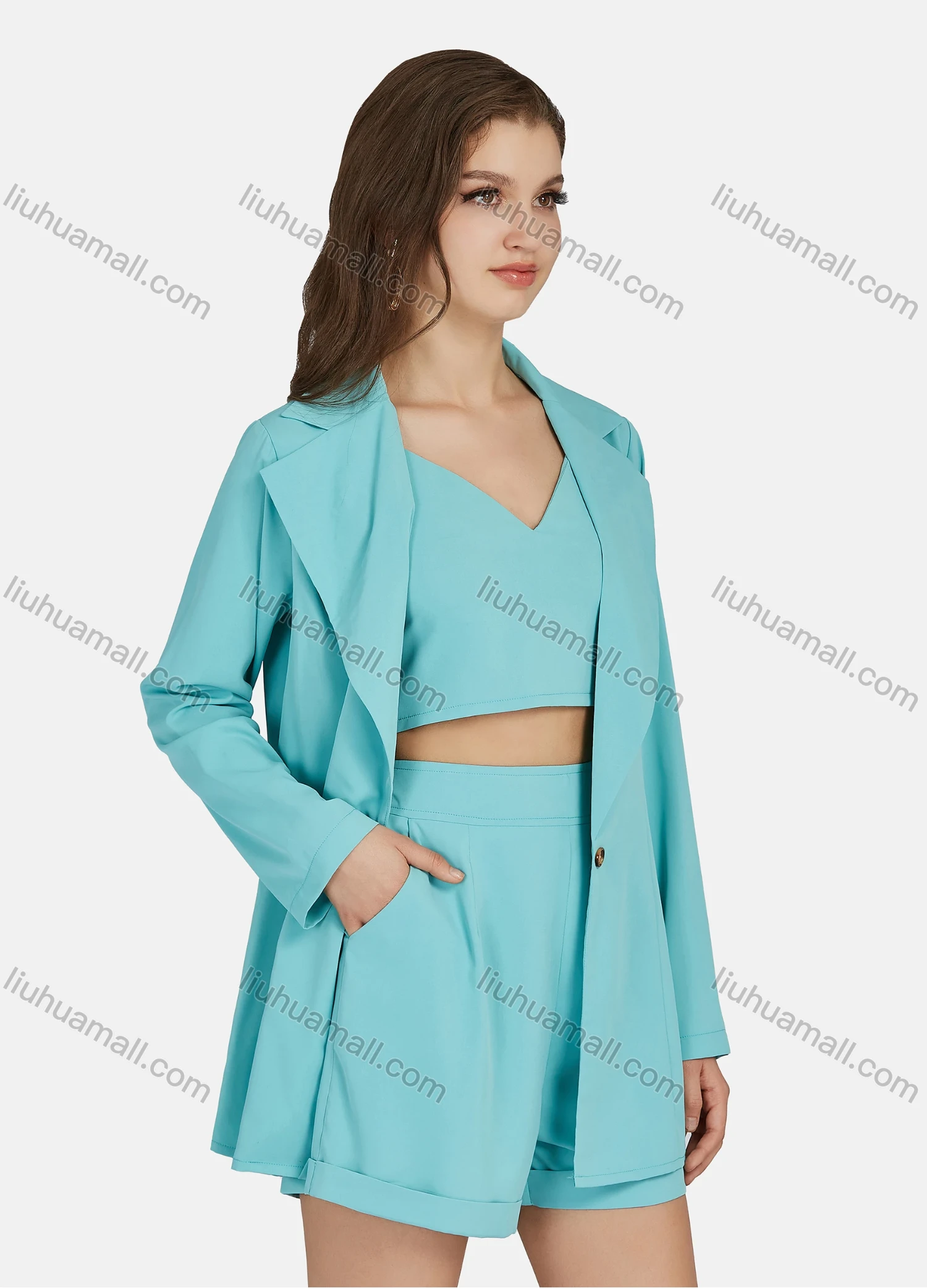 Wholesale Women's Casual Plain Spaghetti Strap Crop Top & High Waist Shorts & One Button Lapel Long Sleeve Coat 3 Piece N8785# - Liuhuamall