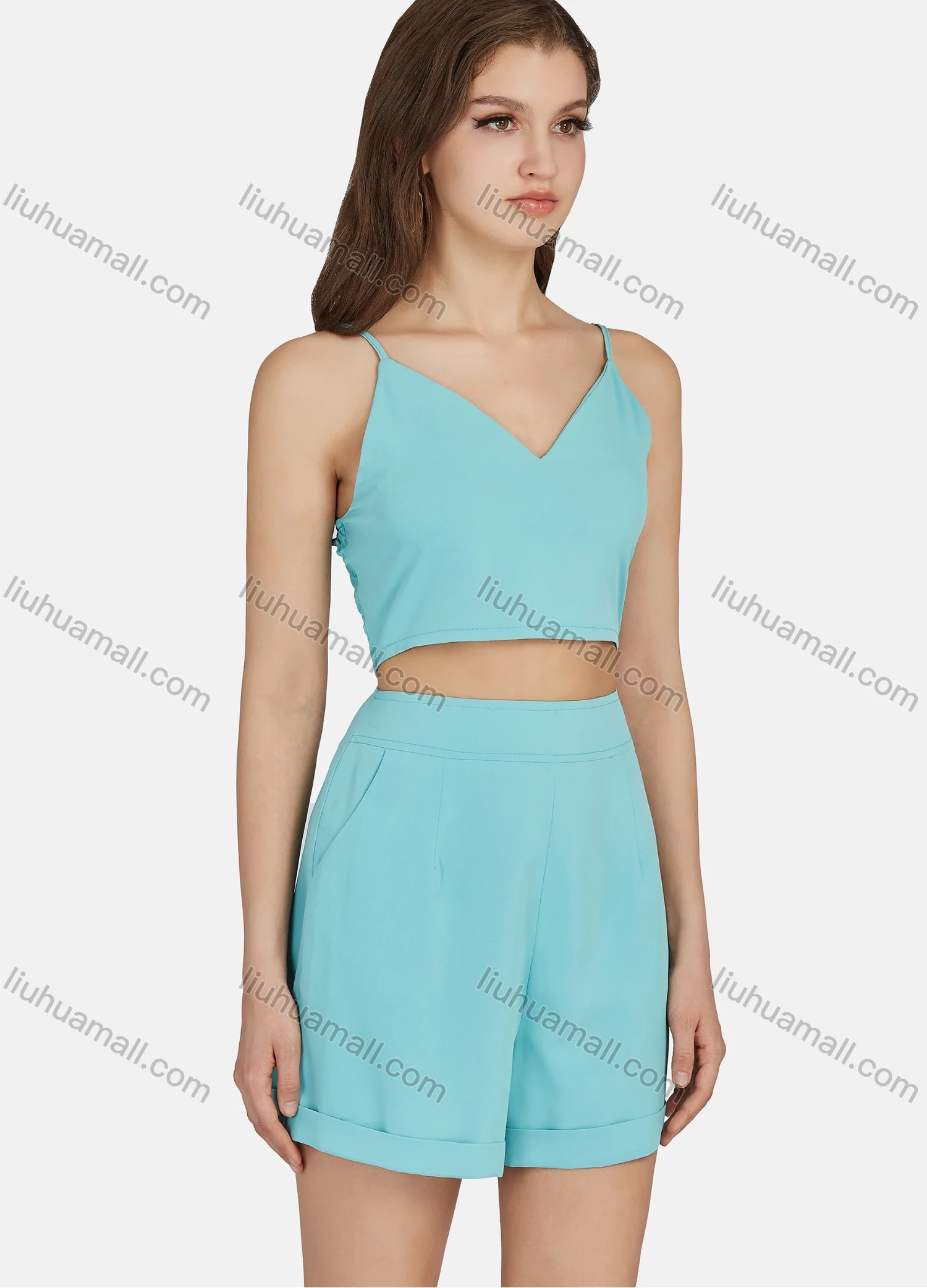 Wholesale Women's Casual Plain Spaghetti Strap Crop Top & High Waist Shorts & One Button Lapel Long Sleeve Coat 3 Piece N8785# - Liuhuamall