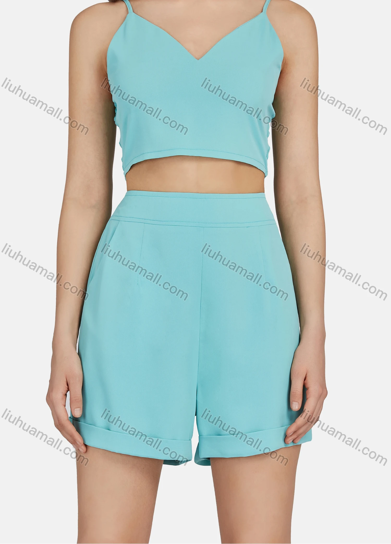 Wholesale Women's Casual Plain Spaghetti Strap Crop Top & High Waist Shorts & One Button Lapel Long Sleeve Coat 3 Piece N8785# - Liuhuamall