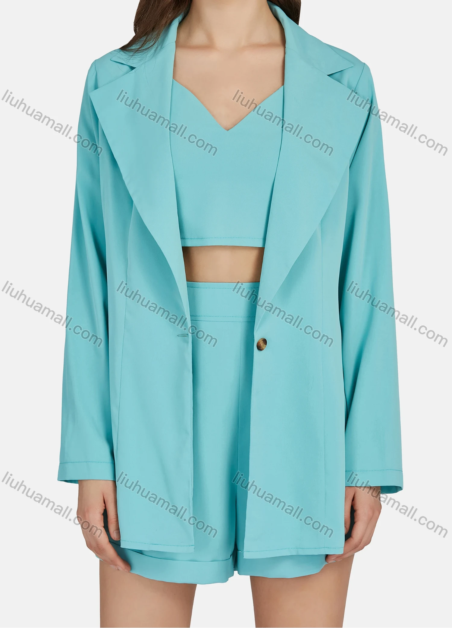 Wholesale Women's Casual Plain Spaghetti Strap Crop Top & High Waist Shorts & One Button Lapel Long Sleeve Coat 3 Piece N8785# - Liuhuamall