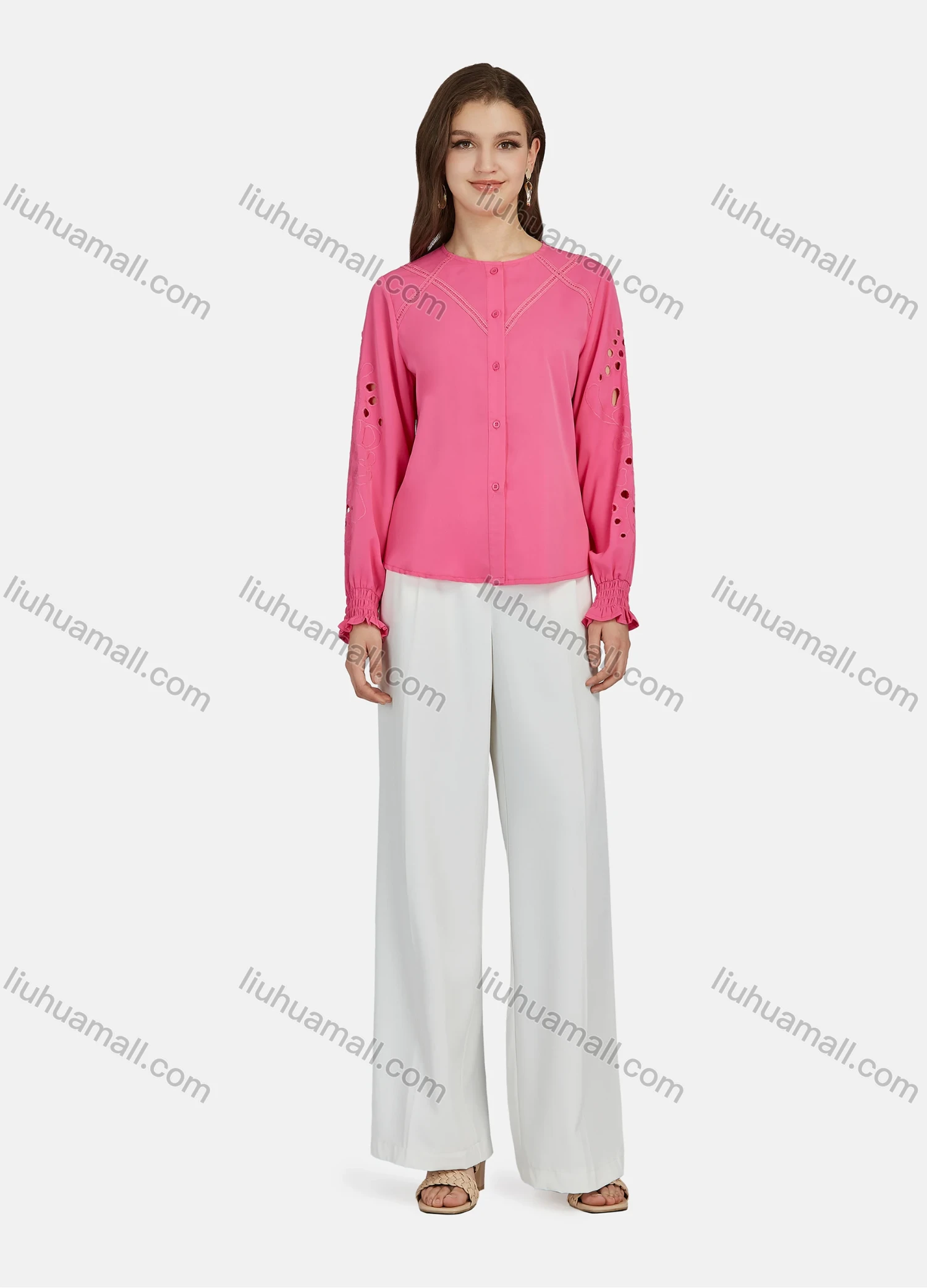 Wholesale Women's Casual Plain Round Neck Cut Out Long Sleeve Button Down Shirt N8787# - Liuhuamall