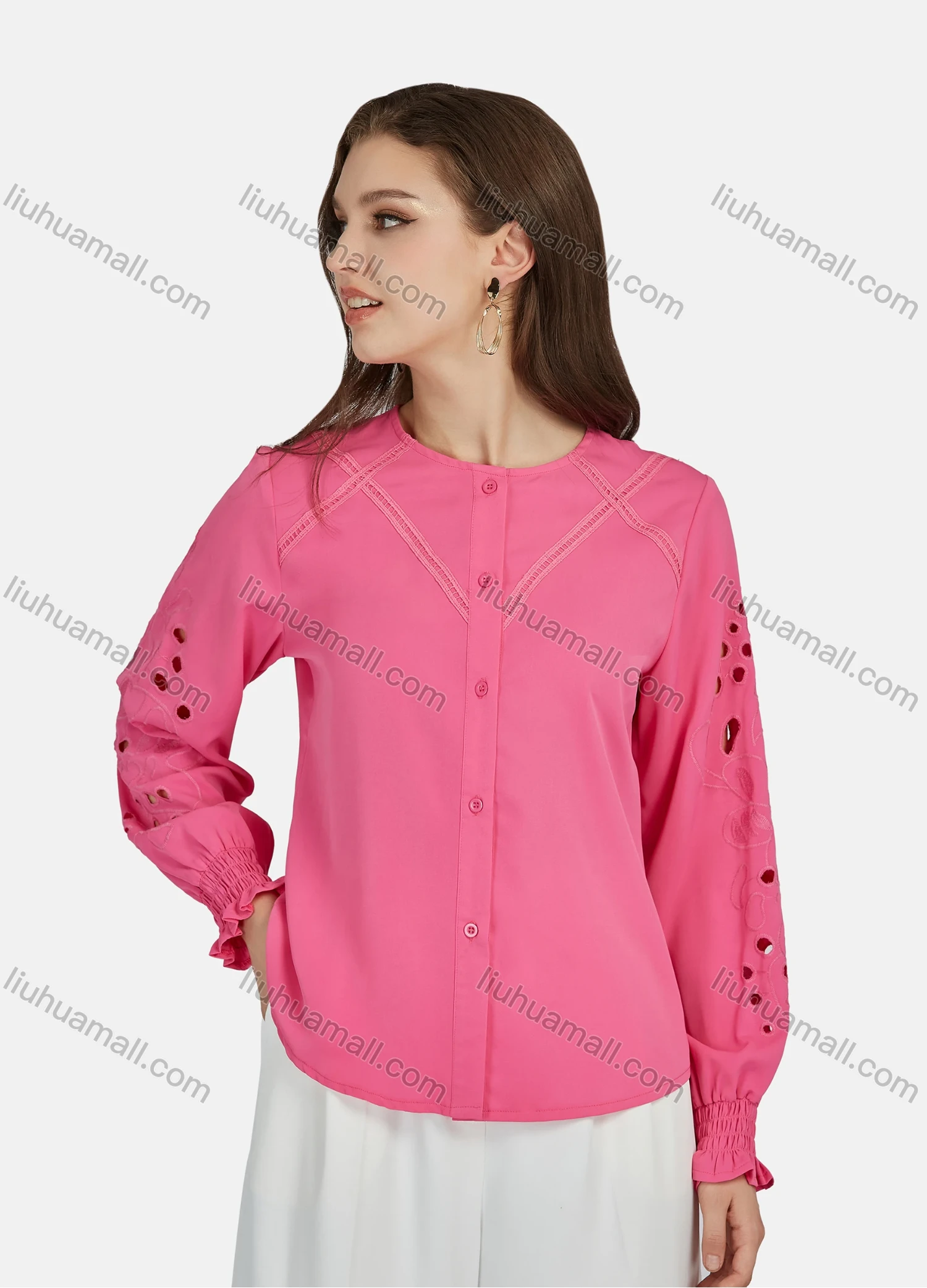 Wholesale Women's Casual Plain Round Neck Cut Out Long Sleeve Button Down Shirt N8787# - Liuhuamall