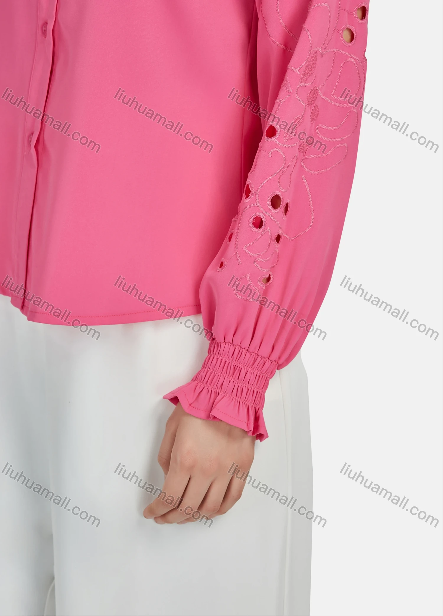 Wholesale Women's Casual Plain Round Neck Cut Out Long Sleeve Button Down Shirt N8787# - Liuhuamall