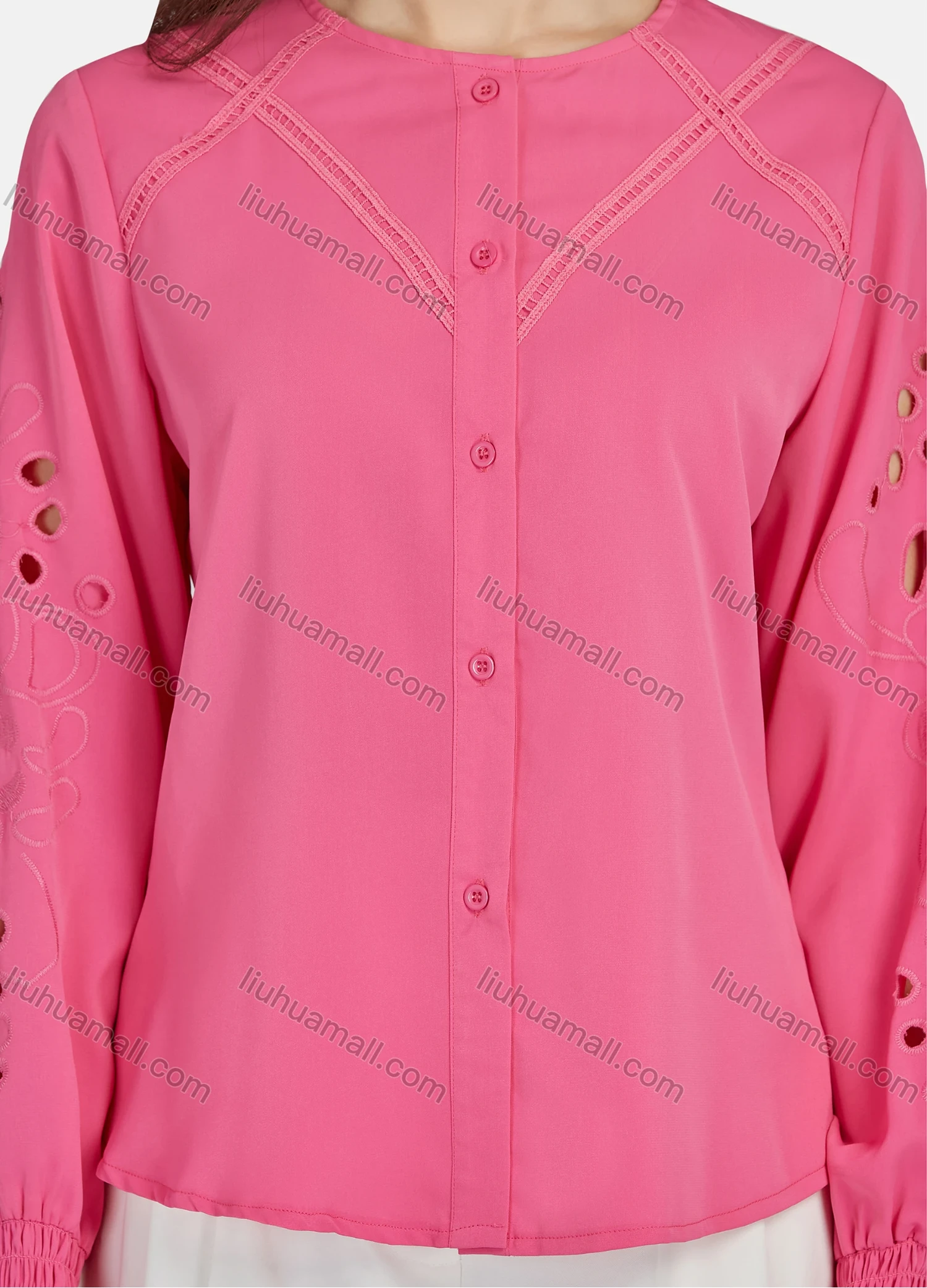Wholesale Women's Casual Plain Round Neck Cut Out Long Sleeve Button Down Shirt N8787# - Liuhuamall