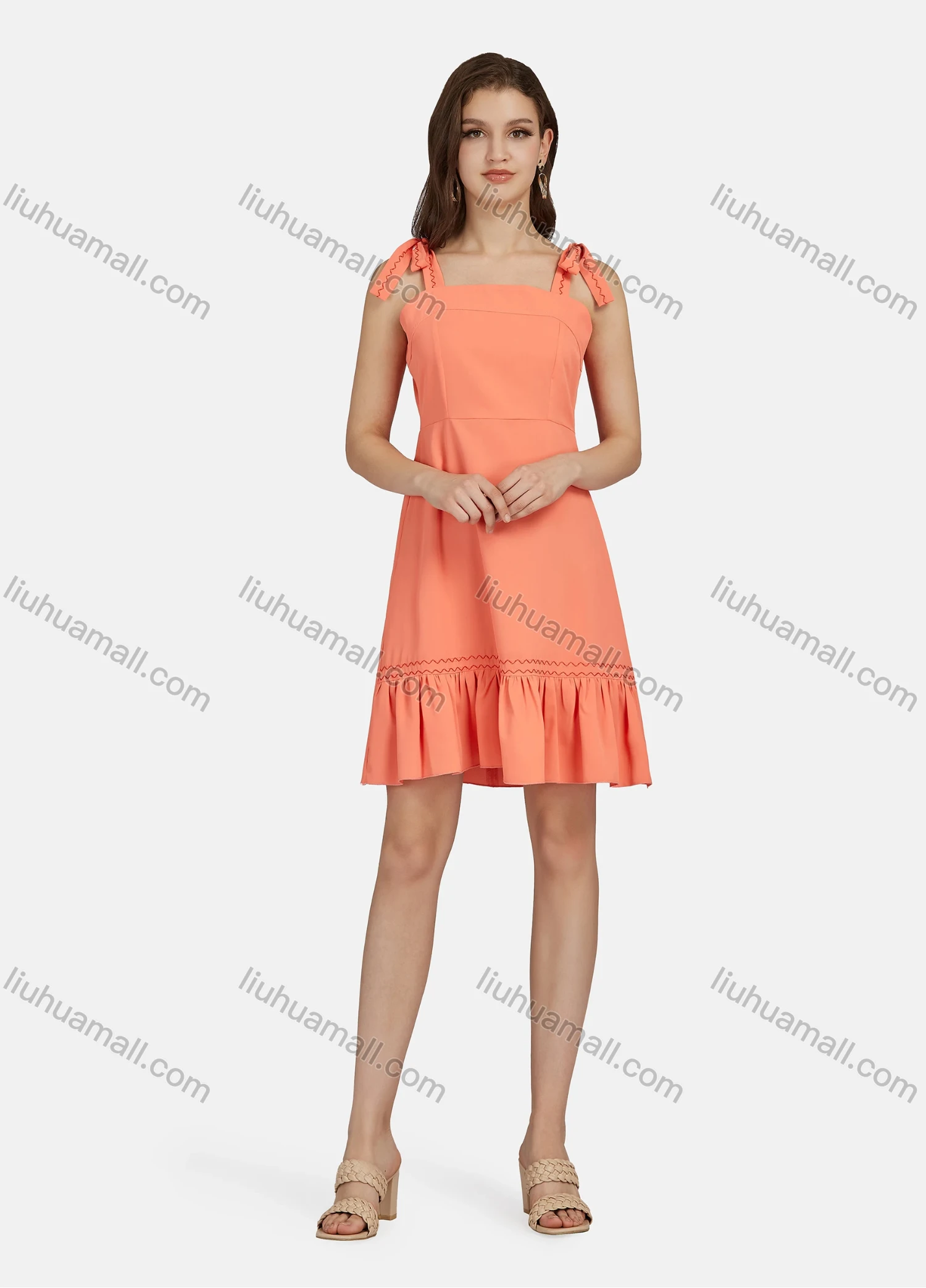 Wholesale Women's Casual Plain Bow Tie Straps Ruffle Hem Short Cami Dress N8697# - Liuhuamall