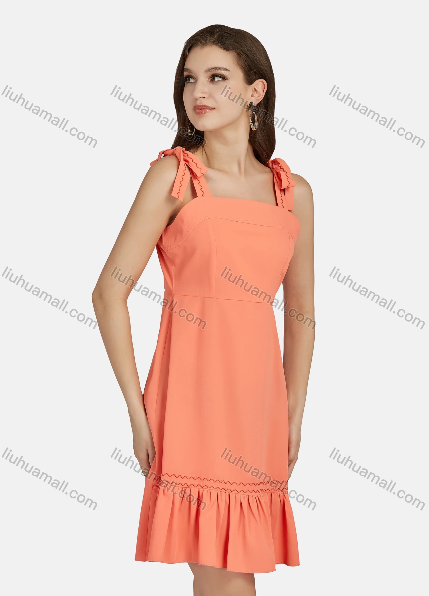Wholesale Women's Casual Plain Bow Tie Straps Ruffle Hem Short Cami Dress N8697# - Liuhuamall